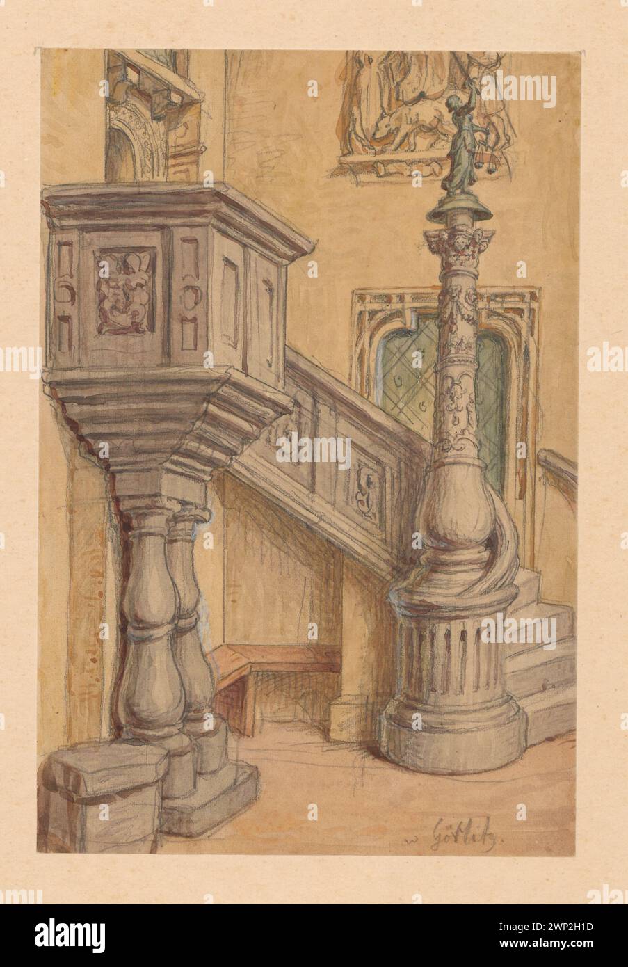 Zgorzelec (tedesco: Görlitz). Scale che conducono all'ufficio del Municipio Vecchio; Lesser, Aleksander (1814-1884); 1830-1884 (1830-00-00-1884-00-00); Lesser, Aleksander (1814-1884), minore, Aleksander (1814-1884) - collezioni, minore, Emiljan Stanisław (Barone - 1847-1912), minore, Emiljan Stanisław (Barone - 1847-1912) - collezione, minore, Wiktor Stanisław Zygmunt (Barone - 1853-1935), minore, Wiktor Stanisław Zygmunt (Barone - 1853-1935) - collezione, municipio (Zgorzelec), Zgorzelec (Dolnośląskie Voivoivoivodeship, architettura) dettagli, dettagli architettonici, sculture, scale, si Foto Stock