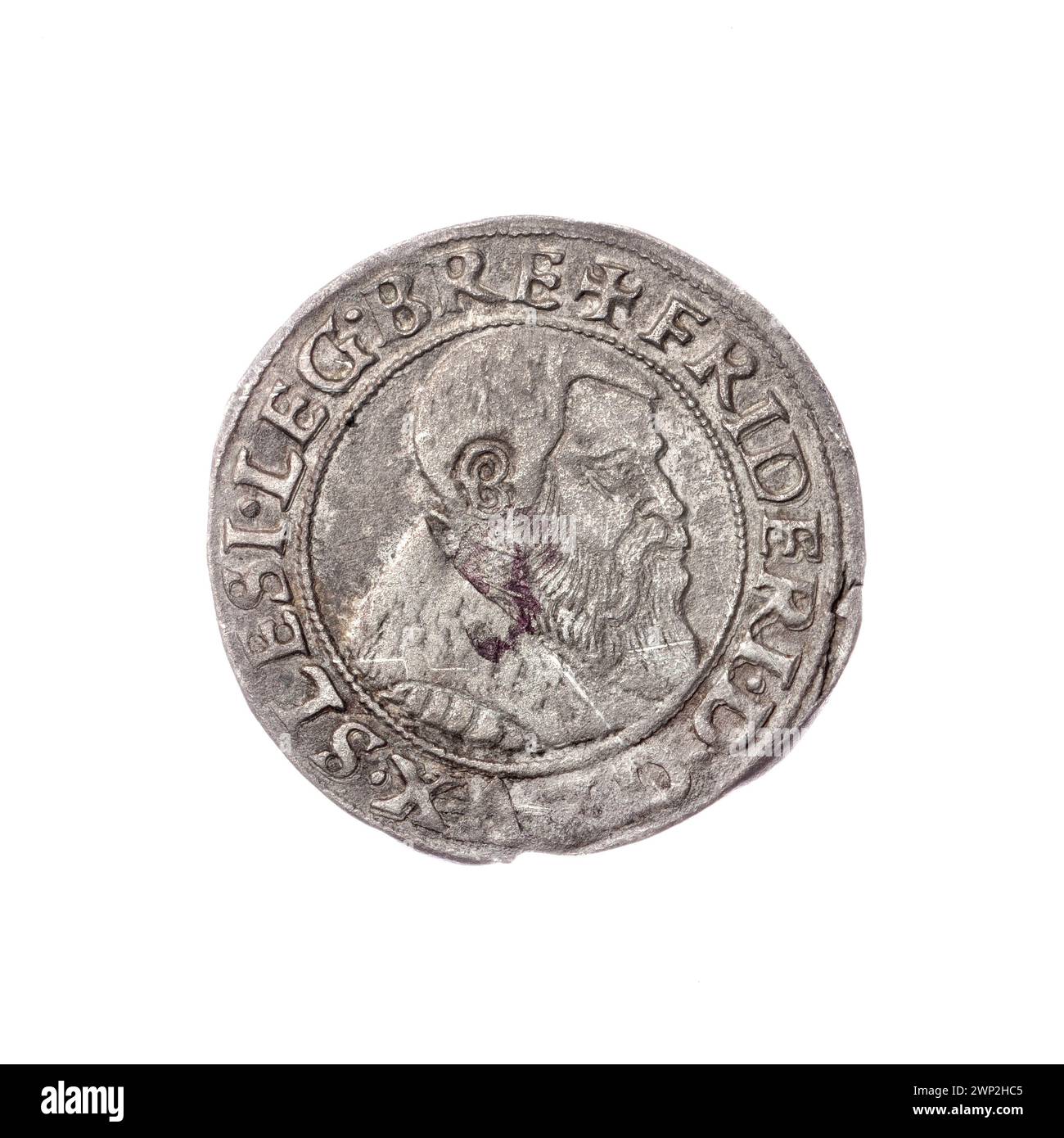 Questo penny di 1542 raffigura Fryderyk II, principe di Brzeg-Legnica, con il suo busto rivolto a destra e l'emblema dell'aquila della Slesia, conservato nella collezione Piast di Andrzej Potocki. Foto Stock