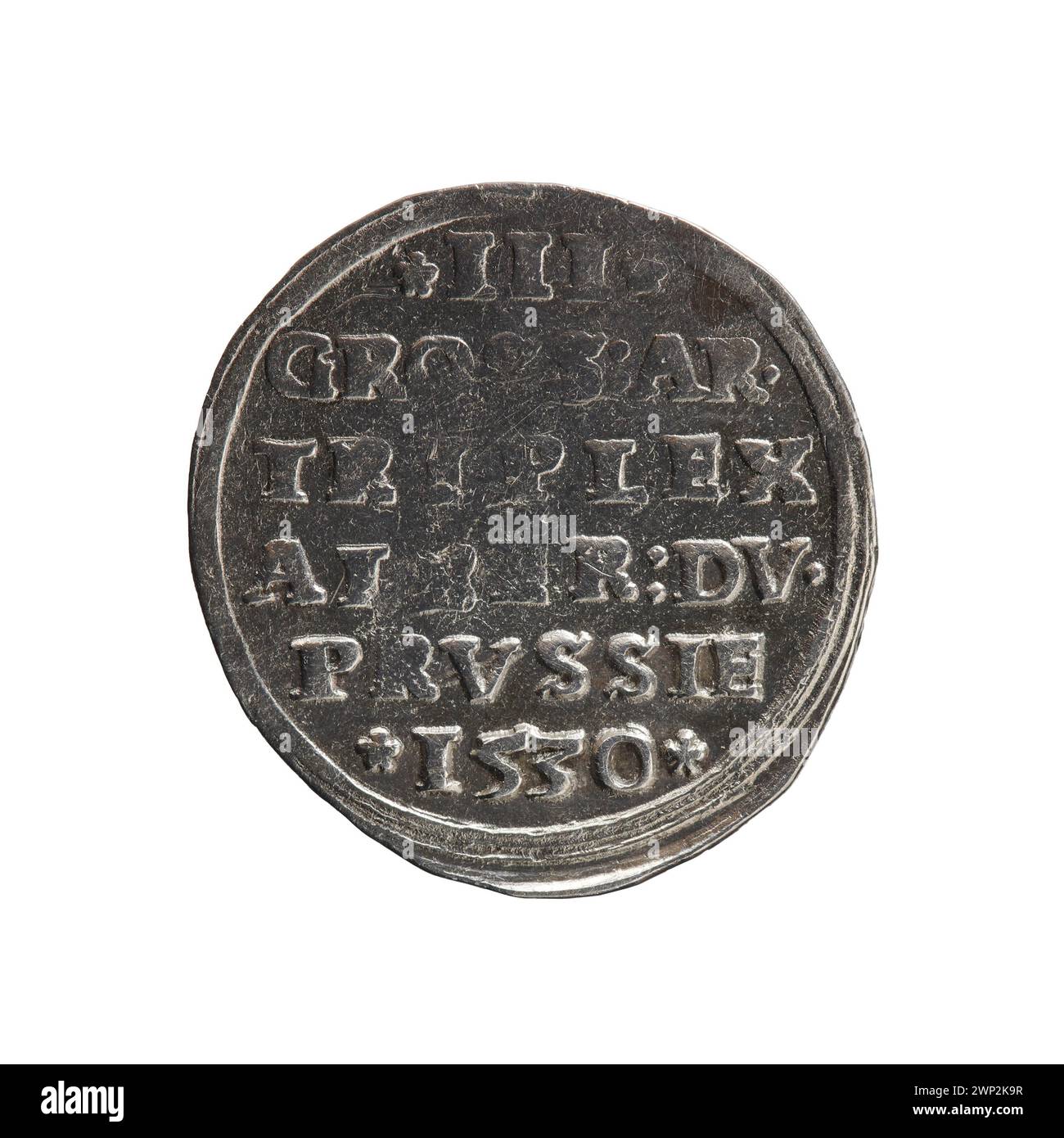 Moneta Trojak polacca del 1530 di Decjusz e Straub, con iscrizioni, ritratto reale e caratteristiche di coniazione. Foto Stock