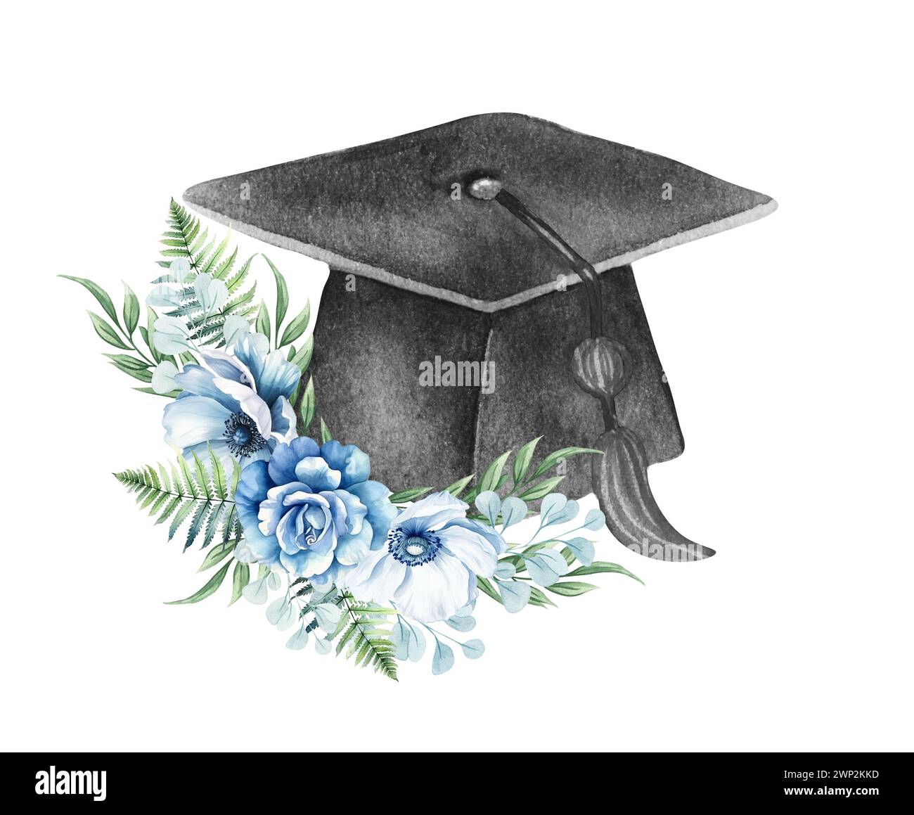 Tappo graduato in acquerello con corona floreale. Cappello di graduazione Foto Stock