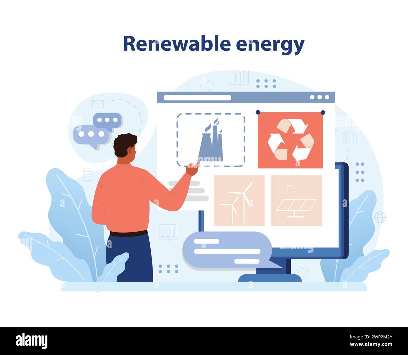 Sostenitore dell'energia sostenibile che presenta soluzioni ecocompatibili. Turbine eoliche, pannelli solari, simbolo di riciclaggio in esposizione. Iniziativa verde della città. Illustrazione vettoriale piatta Illustrazione Vettoriale
