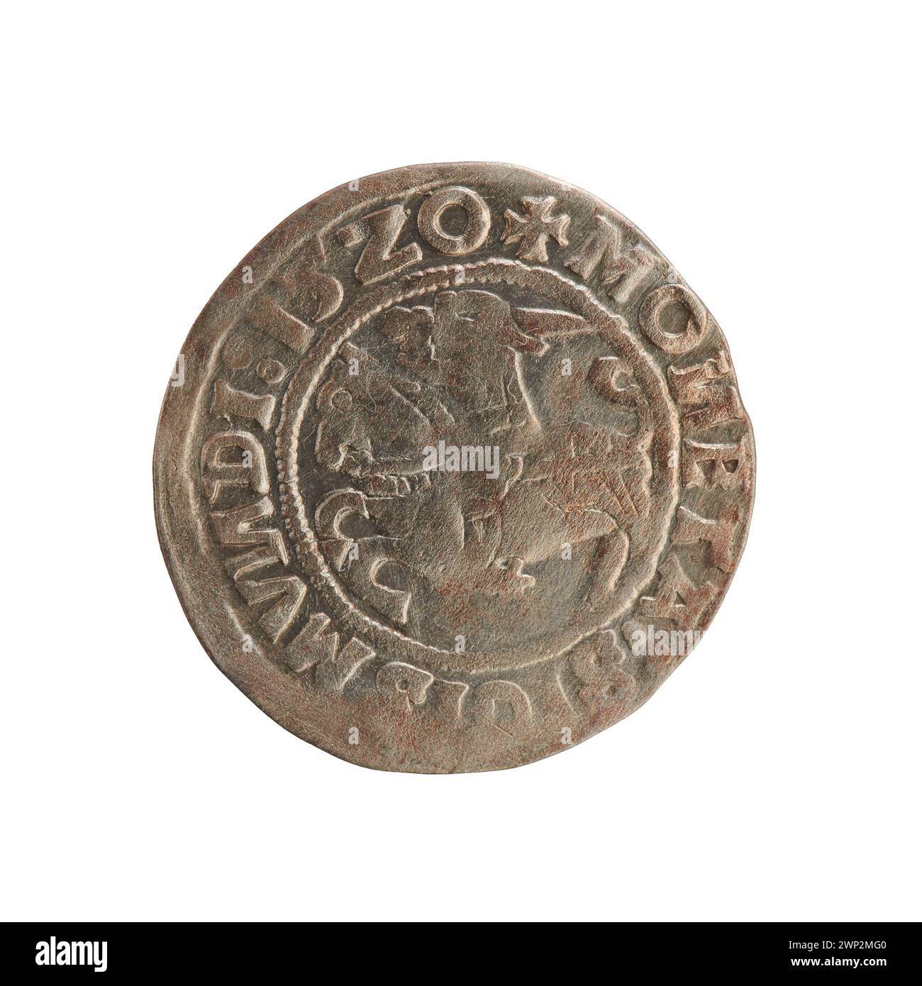 Moneta di Half-grosz lituana del 1521, emessa durante il regno di re Zygmunt i Stary di Polonia. Coniata a Vilnius, questa moneta d'argento pesa circa 1,27 grammi. Una rara variante presenta la scritta "LITVANDIE" invece di "LITVAN". Foto Stock Moneta di Half-grosz lituana del 1521, emessa durante il regno di re Zygmunt i Stary di Polonia. Coniata a Vilnius, questa moneta d'argento pesa circa 1,27 grammi. Una rara variante presenta la scritta "LITVANDIE" invece di "LITVAN". Foto Stock