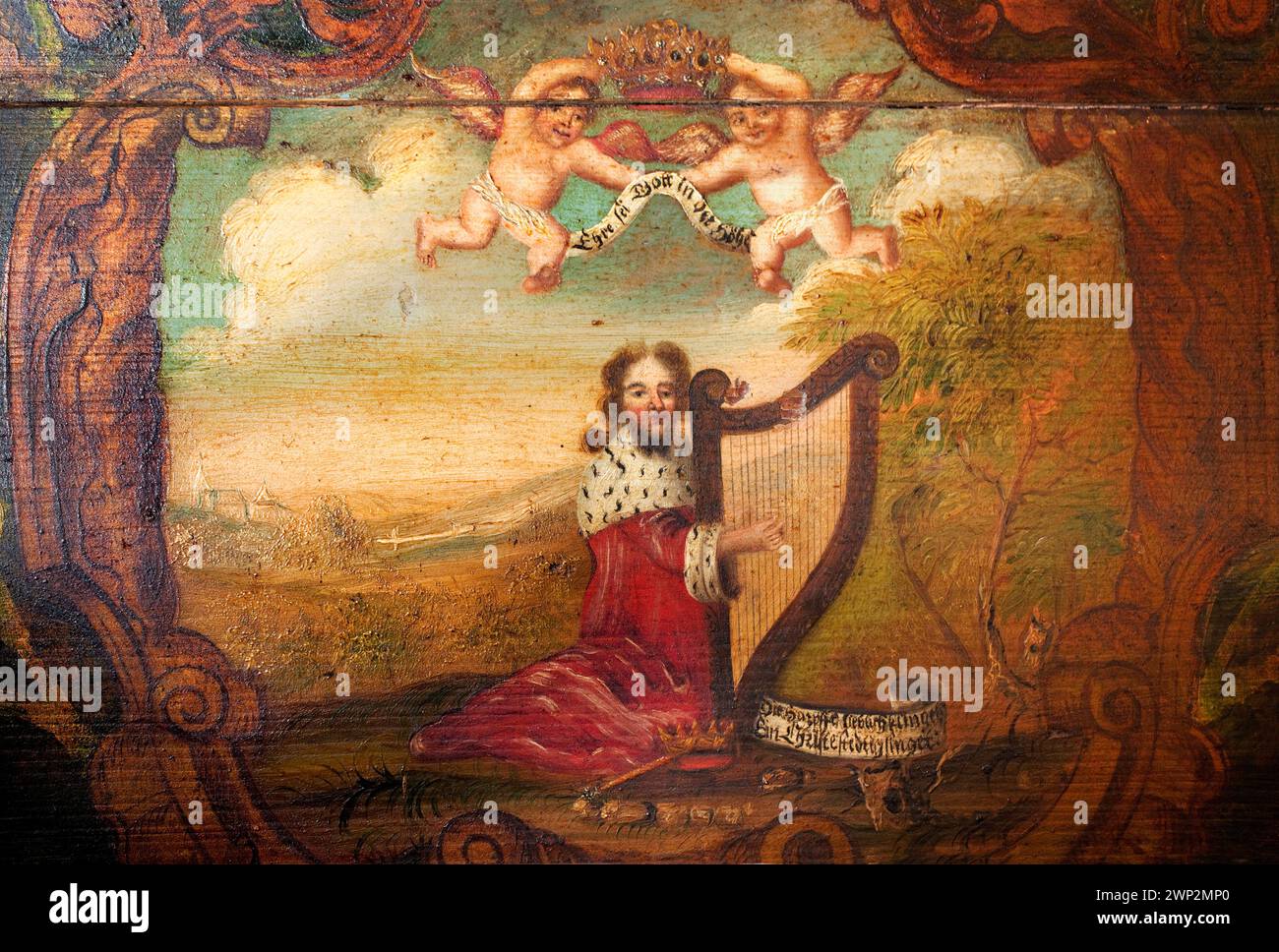 Re Davide con l'arpa, dipingendo su un salterio, un'arpa da tavola proveniente dall'Estonia, XVII secolo, Haus Kemnade, Hattingen, Renania settentrionale-Vestfalia, Germania, E. Foto Stock