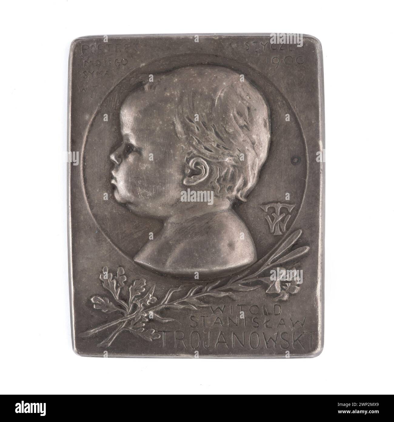 Questa placca del 1900 di Wincenty Trojanowski raffigura un bambino rivolto verso sinistra, in stile Secessione. Foto Stock