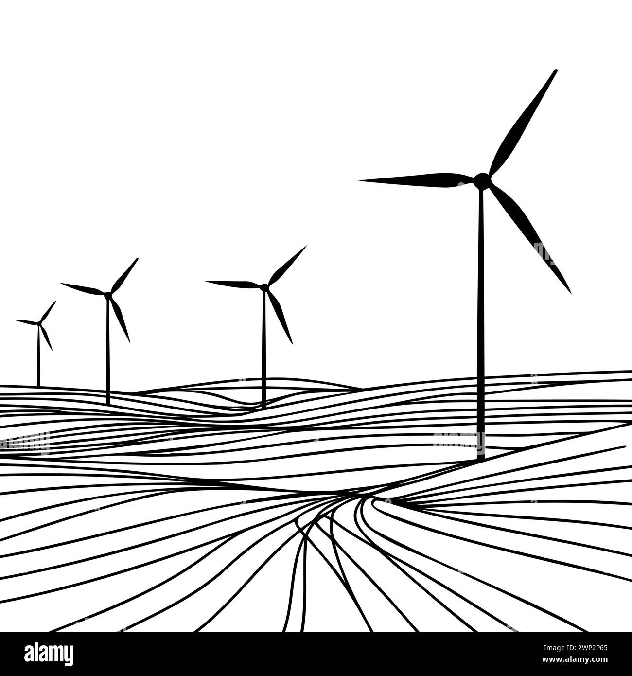 Disegno continuo di una linea di turbine eoliche eco Energy. semplici turbine eoliche illustrano i vettori Illustrazione Vettoriale