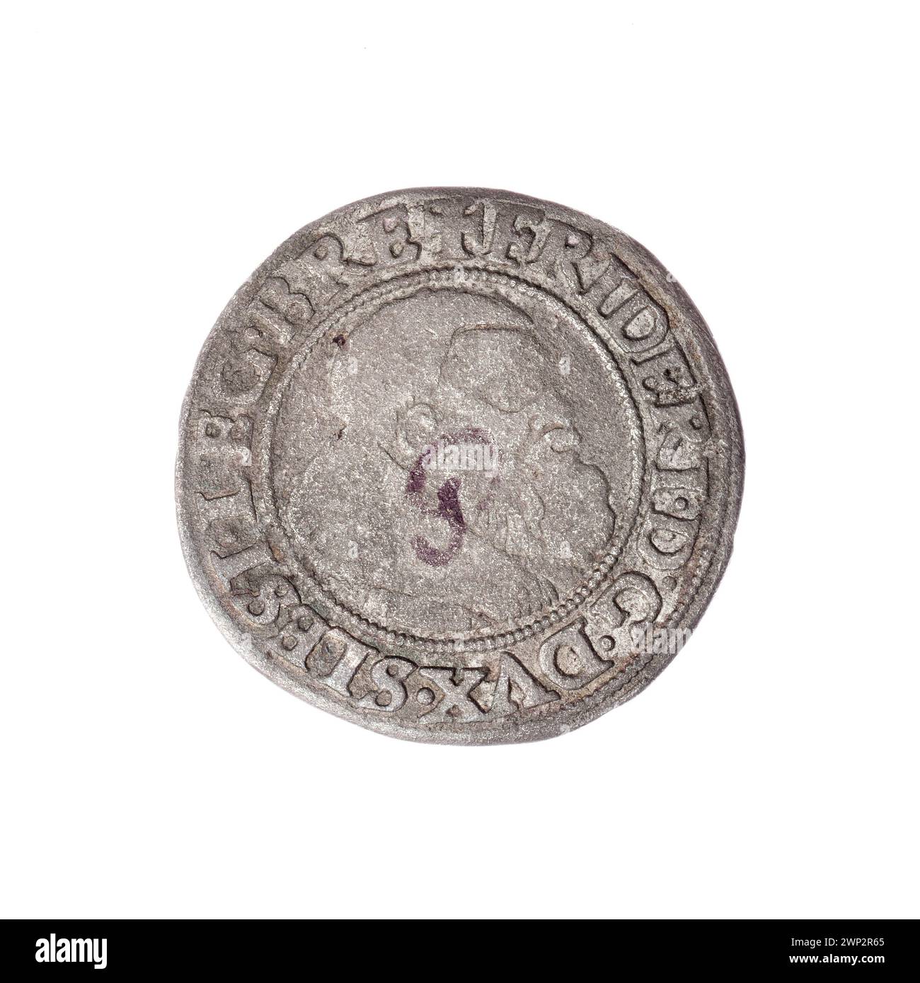 Questa moneta del 1541 raffigura Fryderyk II, principe di Brzeg-Legnica, che mostra il suo busto a destra e l'iconografia dell'aquila slesiana, parte della collezione di manufatti della dinastia Piast di Andrzej Potocki. Foto Stock