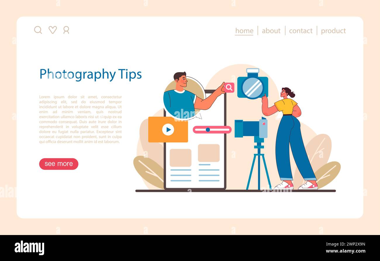 Concetto di fotografia creativa. Migliorare la narrazione visiva attraverso le tecniche e la composizione della fotocamera. Condivisione delle competenze in materia di immagini digitali. Illustrazione vettoriale piatta. Illustrazione Vettoriale