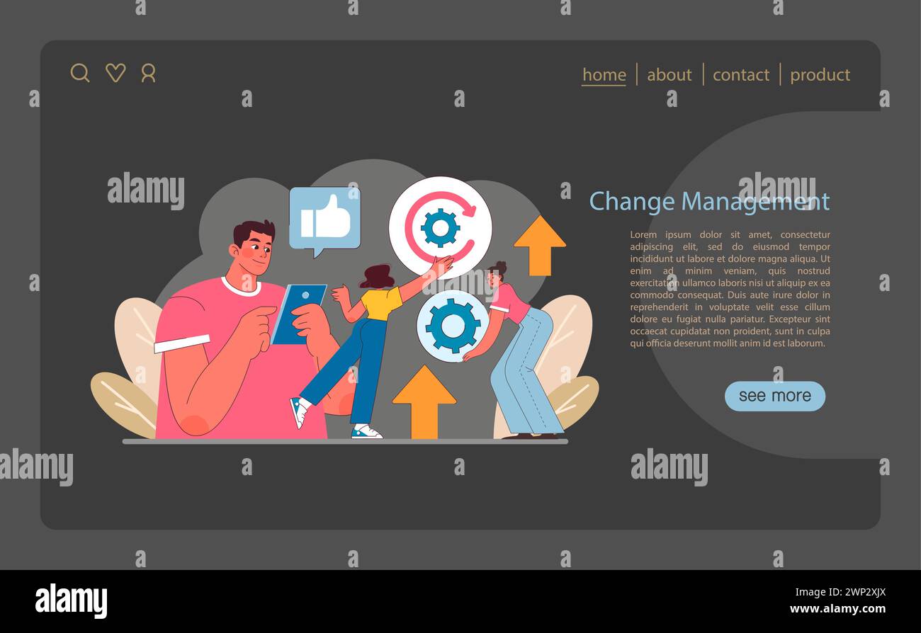 Gestione delle modifiche nella gestione dei progetti IT. Visualizza il processo di adattamento, abbracciando l'innovazione e implementando miglioramenti. Concentrarsi sul coinvolgimento dinamico del team. Illustrazione vettoriale piatta. Illustrazione Vettoriale