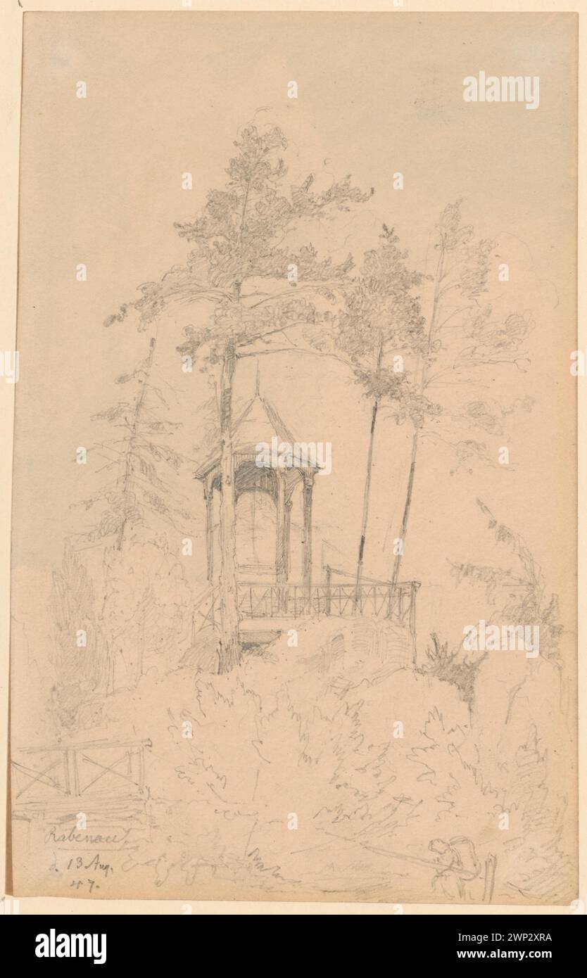 Un gazebo nel parco di Rabenau; verso, uno schizzo di un marito barbuto (Dio padre); busto del giovane in armatura e alata, la ripetizione del suo principale; Scholtz, Giulio (1825-1893); 1847 (1844-00-00-1844-00-00); Helmerich, M. (fl. CA 1939), Rabenau (Germania), Schlesisches Museum der Bilden Künste (Wrocław - 1880-1945) - collezione, Schlesisches Museum der Bilden Künste. Biblioteca (Wrocław - ante 1945) - collezione, gazebo, parchi (giardini), cavalieri, disegni tedeschi, studi di carattere Foto Stock