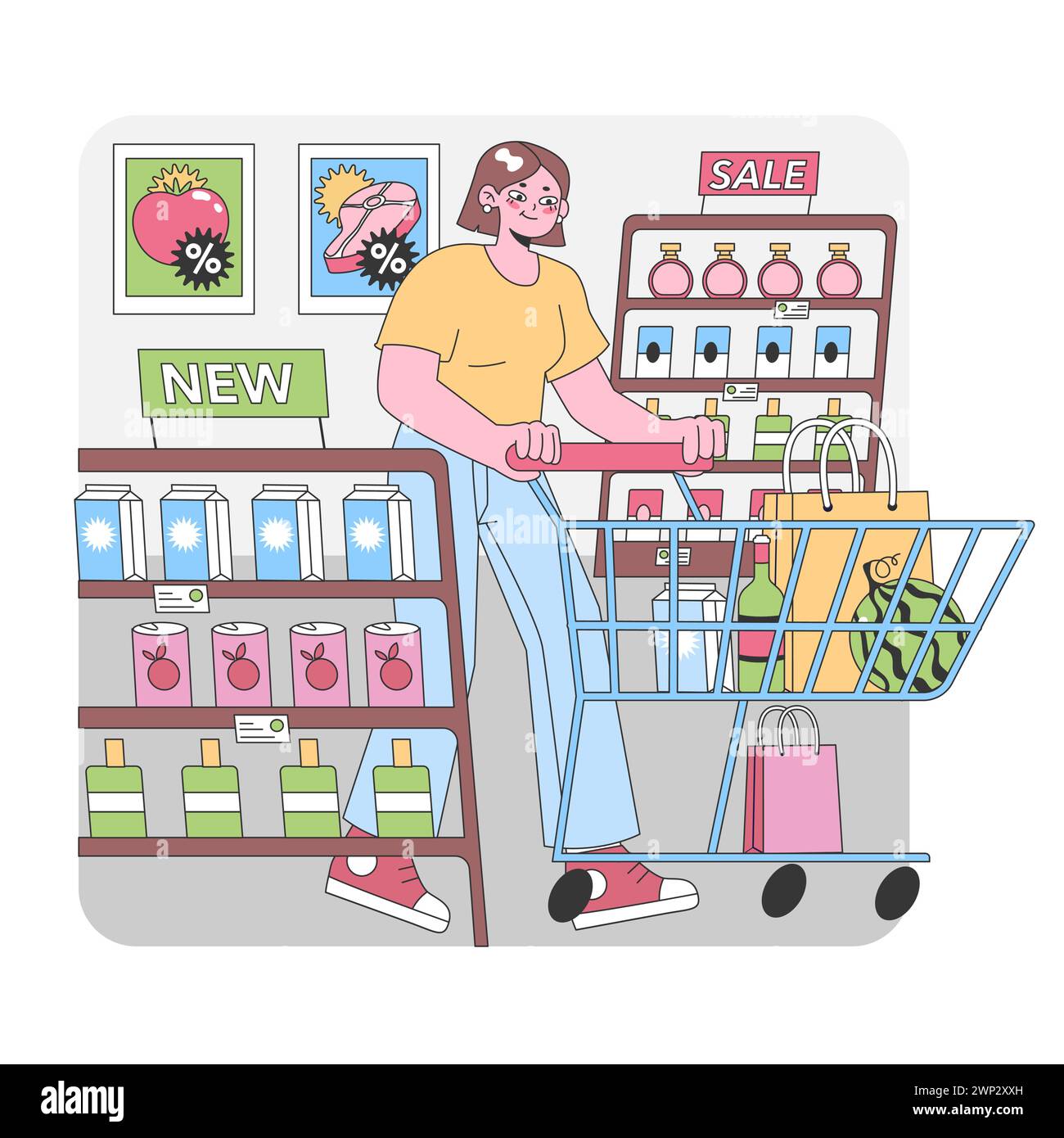 Supermercato Savvy Shopper. Una donna riempie il suo carrello in un corridoio pieno di promozioni, dai prodotti freschi alle delizie in bottiglia. Drogheria, risparmi abbondano. Illustrazione vettoriale piatta Illustrazione Vettoriale