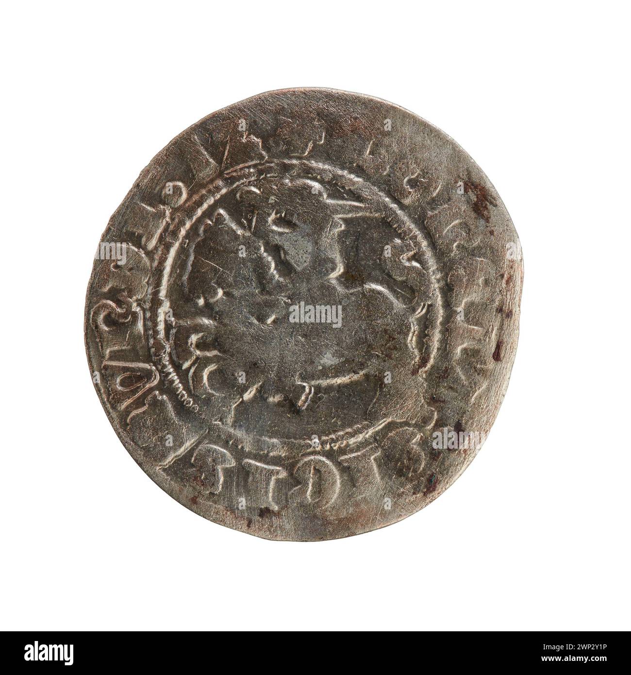 Una moneta dalla Lituania coniata nel 1512 durante il governo di Zygmunt i Stary, re di Polonia. Il penny è fatto di metallo, con iscrizioni e simboli reali che ne indicano il valore. Foto Stock