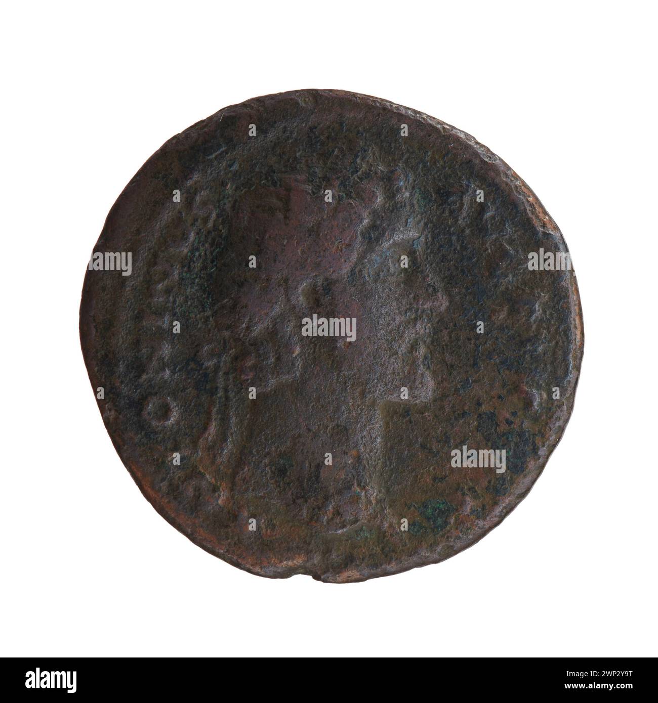 Come moneta emessa tra il 140-144 d.C. con l'imperatore Antonino Pio, che rappresenta la moneta romana in bronzo e le caratteristiche numismatiche del II secolo. Foto Stock