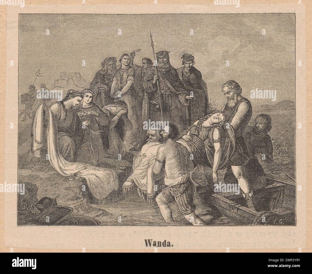 Riproduzione dell'illustrazione di Aleksander Lesser del 1884 raffigurante la leggenda della regina Wanda sul fiume Wisła. Pubblicato sulla rivista Kłosy, l'opera fa parte della pittura polacca e dell'iconografia delle leggende, evidenziando argomenti storici e culturali, la provenienza include Edward Goradowski e Jadwiga Łuszczewska. Foto Stock