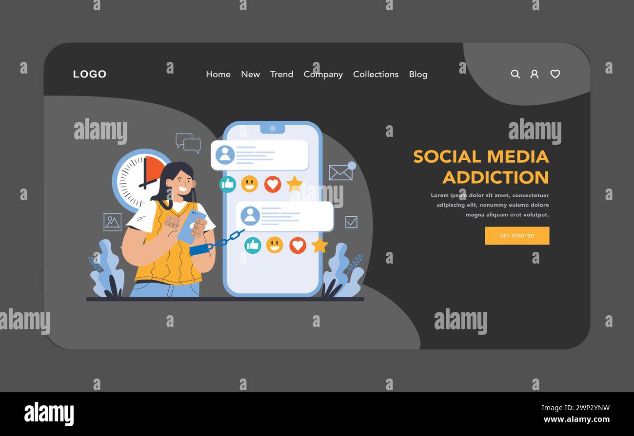 Dipendenza da Internet modalità notte o buia Web o landing page. L'illustrazione mostra una persona legata a un telefono, una metafora decisa per il potere vincolante della dipendenza dai social media. Illustrazione vettoriale piatta. Illustrazione Vettoriale