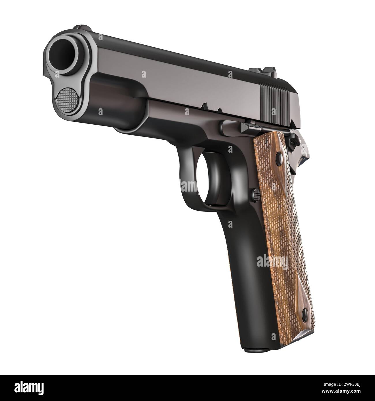 Illustrazione realistica di una pistola nera con dettagli di impugnatura in legno. rendering 3d. Foto Stock