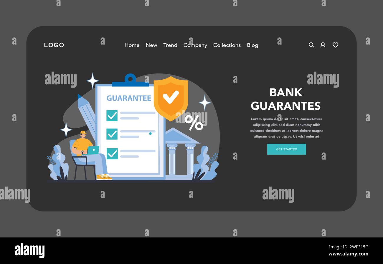 Bank garantisce la modalità notte o buio sul Web o sulla landing page. Garanzia solida con garanzie bancarie per impegni finanziari sicuri. Rapporti commerciali sicuri sostenuti dall'integrità bancaria. Illustrazione Vettoriale