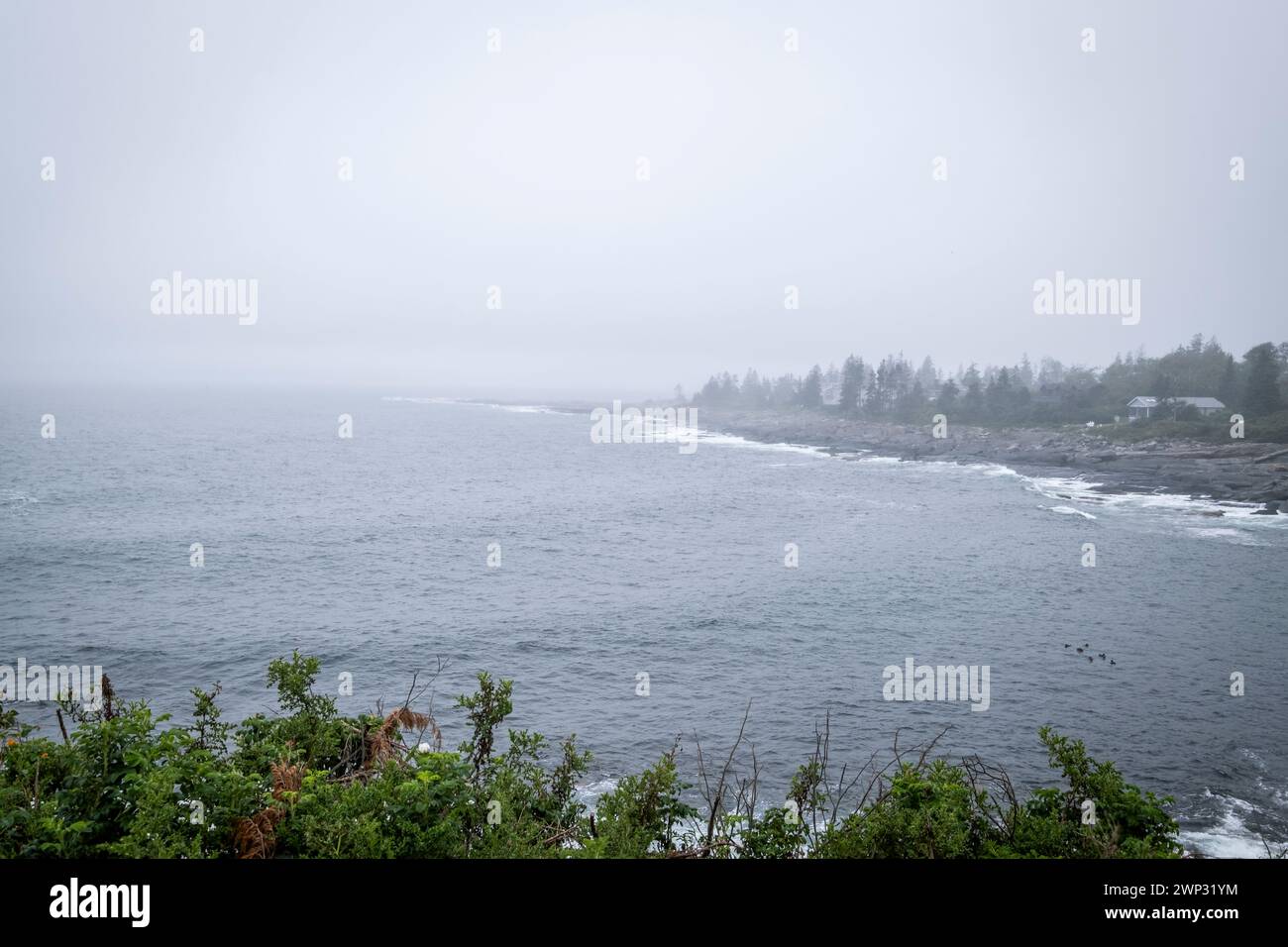 Pemaquid Point, Maine con cielo nuvoloso e massicce sporgenze rocciose in primo piano. Foto Stock