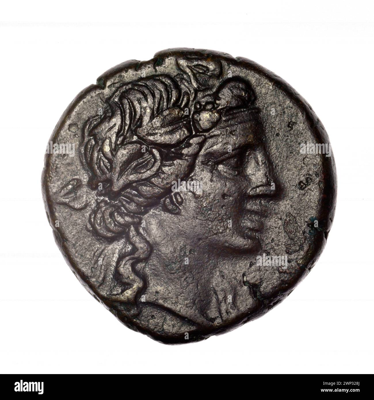 Moneta marrone di Pantikapaion, fine II-i secolo a.C., raffigurante testa di Dioniso, archi, gorytos e iconografia militare; raccolta Terlecki con documentazione di provenienza. Foto Stock