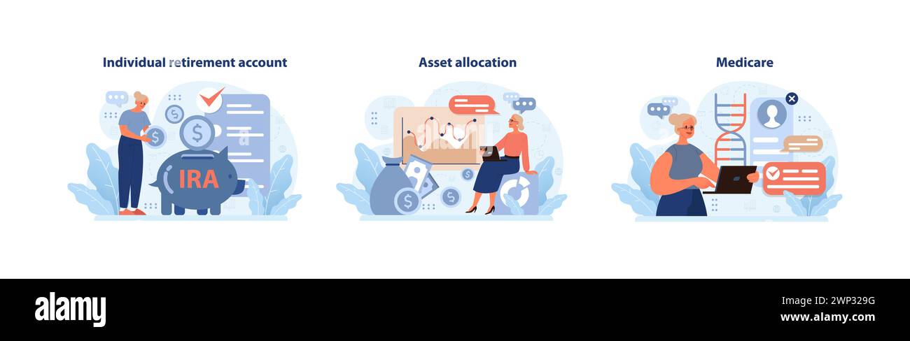 Set pianificazione pensionamento. Approfondisci i conti pensionistici individuali, l'allocazione delle risorse esperta e la comprensione di Medicare. Naviga nelle acque finanziarie per un futuro sicuro. Illustrazione vettoriale piatta. Illustrazione Vettoriale