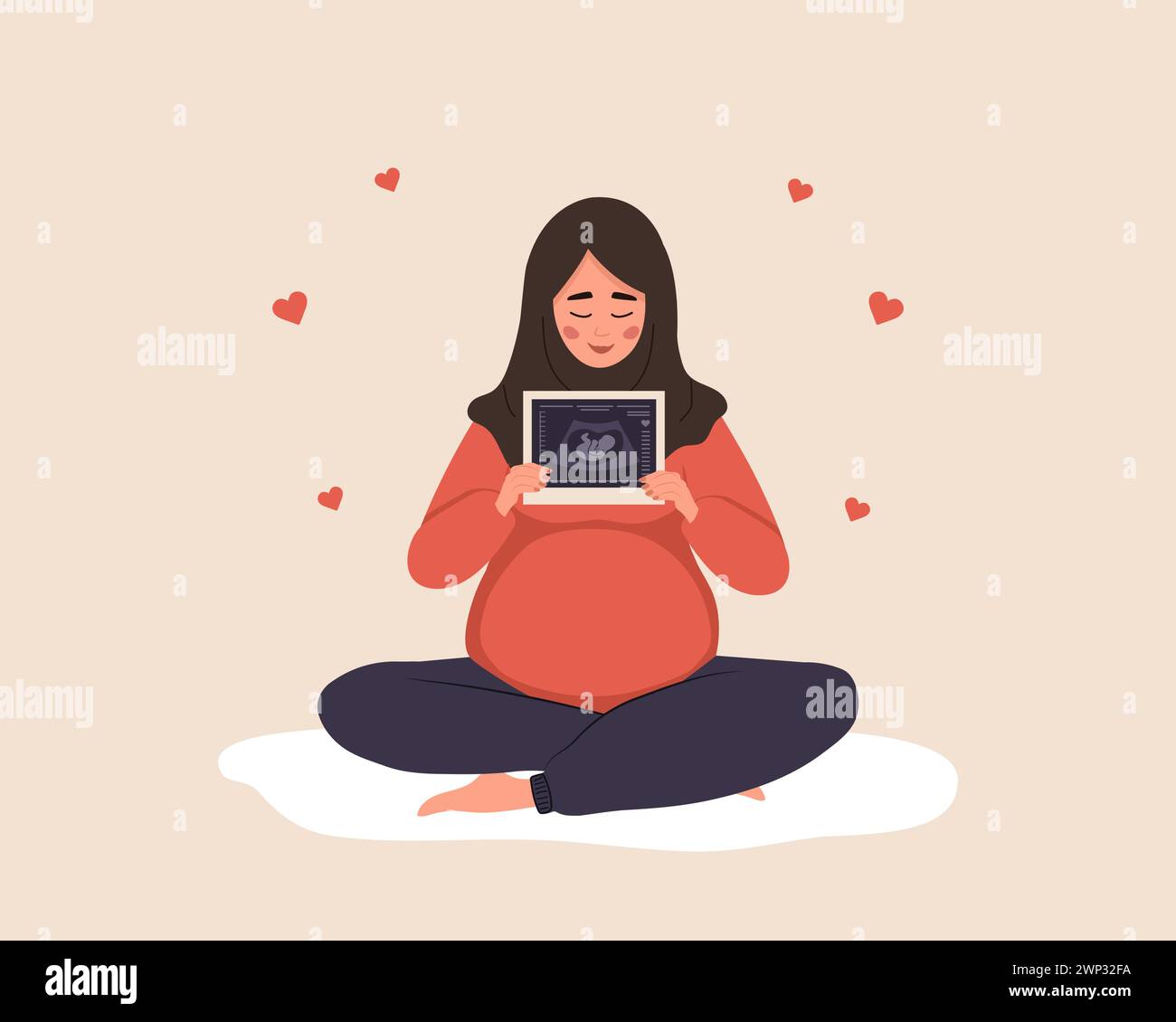 Ecografia del bambino. Donna araba incinta in posizione di loto con foto della silhouette del feto. Embrione nell'utero. Diagnostica della salute del bambino. Sonografia Illustrazione Vettoriale