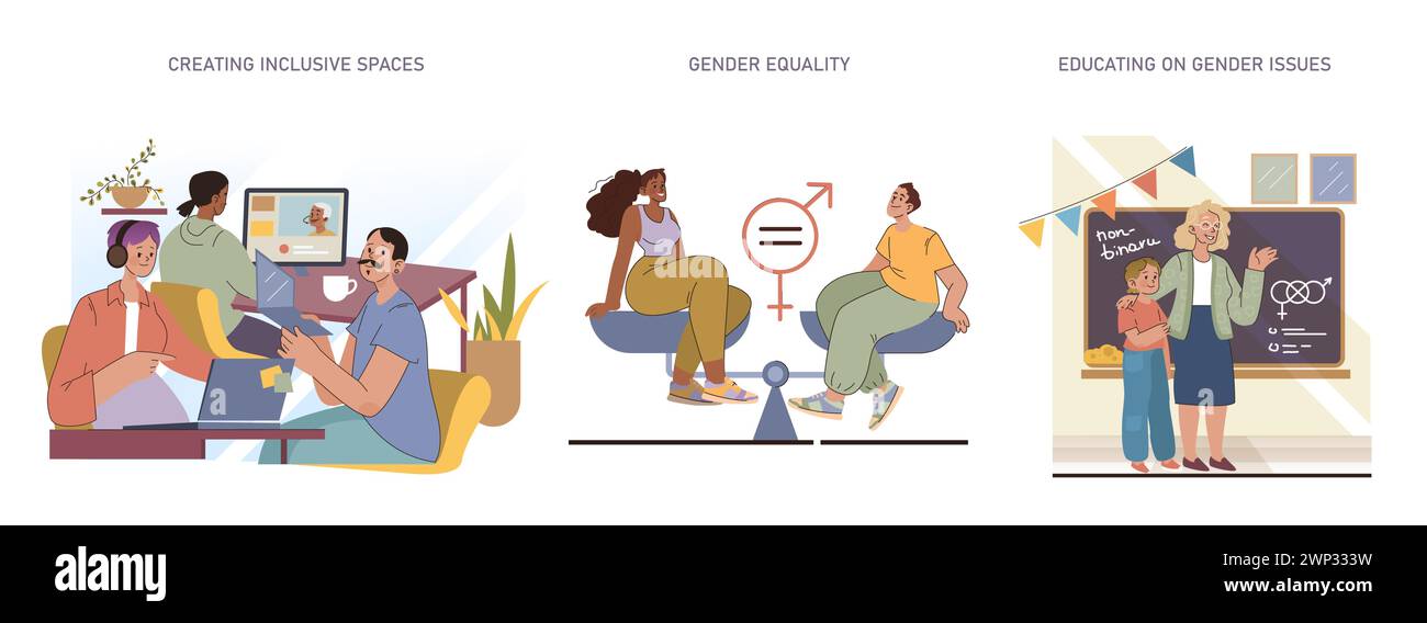 Set evoluzione di genere. Creazione di spazi inclusivi per il dialogo, la promozione della parità di genere e l'istruzione sulle questioni di genere. Celebrare la diversità nell'unità. Illustrazione Vettoriale