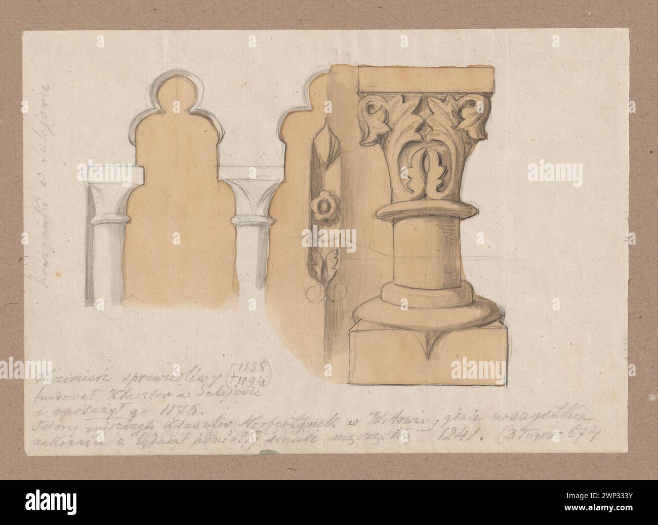 Sulejów (Podklaszorze). Disegni dei dettagli dell'ala Kroty del monastero cistercense; Lesser, Aleksander (1814-1884); circa 1850 (1850-00-00-1855-00-00-00); Lesser, Aleksander (1814-1884), minore, Aleksander (1814-1884) - collezioni, minore, Emiljan Stanisław (barone - 1847-1912), minore, Emiljan Stanisław (barone - 1847-1912) - collezione, minore, Wiktor Stanisław Zygmunt (barone - 1853-1935), minore, Wiktor Stanisław Zygmunt (barone - 1853-1935) - collezione, Sulejów (voivodato di Łódź), architettura, architettura, architettura, architettura sacra, cistercensi (ordine), dar (provenienza), dettagli Foto Stock