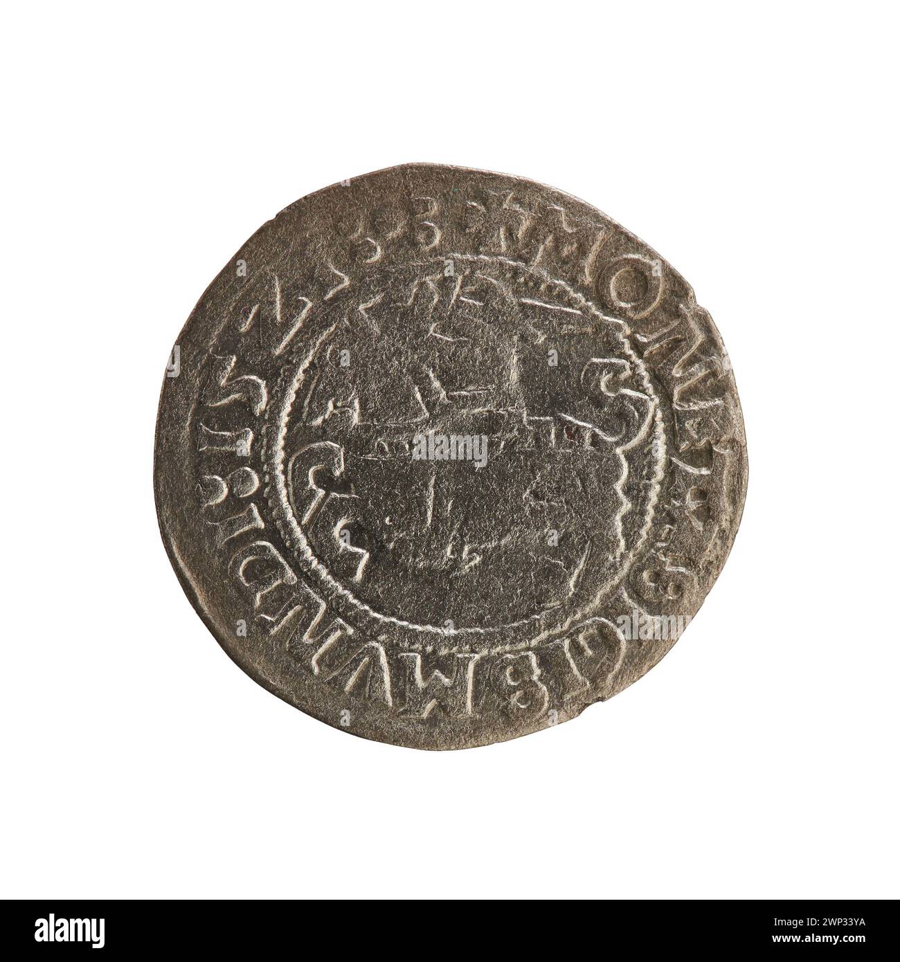 Moneta di Half-grosz lituana del 1521, emessa durante il regno di re Zygmunt i Stary di Polonia. Coniata a Vilnius, questa moneta d'argento pesa circa 1,27 grammi. Una rara variante presenta la scritta "LITVANDIE" invece di "LITVAN". Foto Stock Moneta di Half-grosz lituana del 1521, emessa durante il regno di re Zygmunt i Stary di Polonia. Coniata a Vilnius, questa moneta d'argento pesa circa 1,27 grammi. Una rara variante presenta la scritta "LITVANDIE" invece di "LITVAN". Foto Stock
