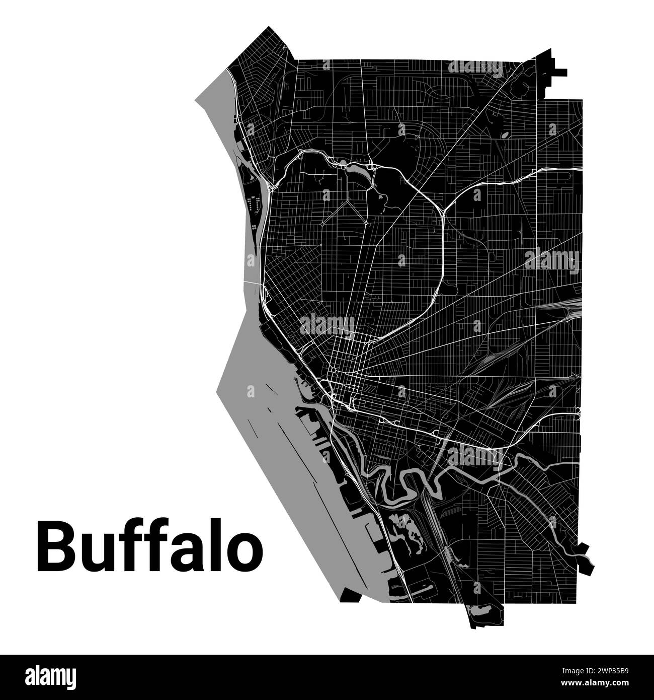 Mappa della città di Buffalo, New York, Stati Uniti. Confini amministrativi municipali, mappa delle aree in bianco e nero con fiumi e strade, parchi e ferrovie. VECTO Illustrazione Vettoriale