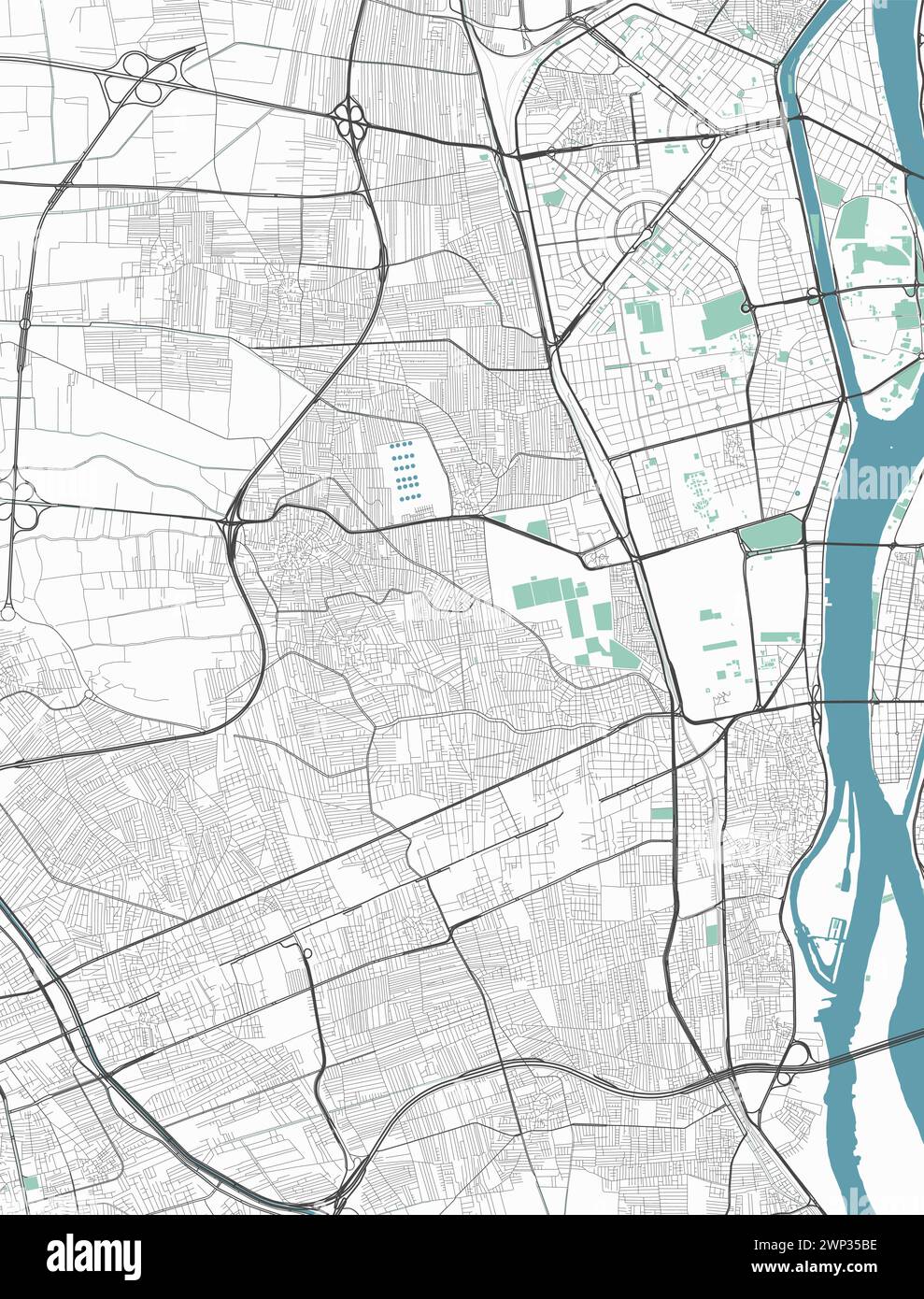 Mappa di Giza, Egitto. Mappa vettoriale dettagliata della città, area metropolitana. Mappa stradale con strade e acqua. Illustrazione Vettoriale