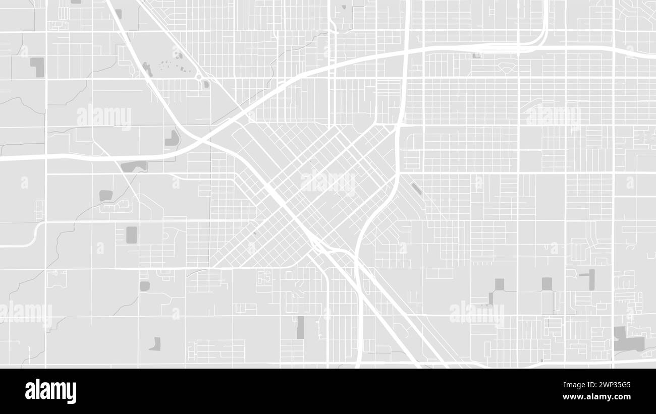 Sfondo mappa di Fresno, USA, poster bianco e grigio chiaro della città. Mappa vettoriale con strade e acqua. Proporzioni widescreen, roadmap digitale con design piatto. Illustrazione Vettoriale