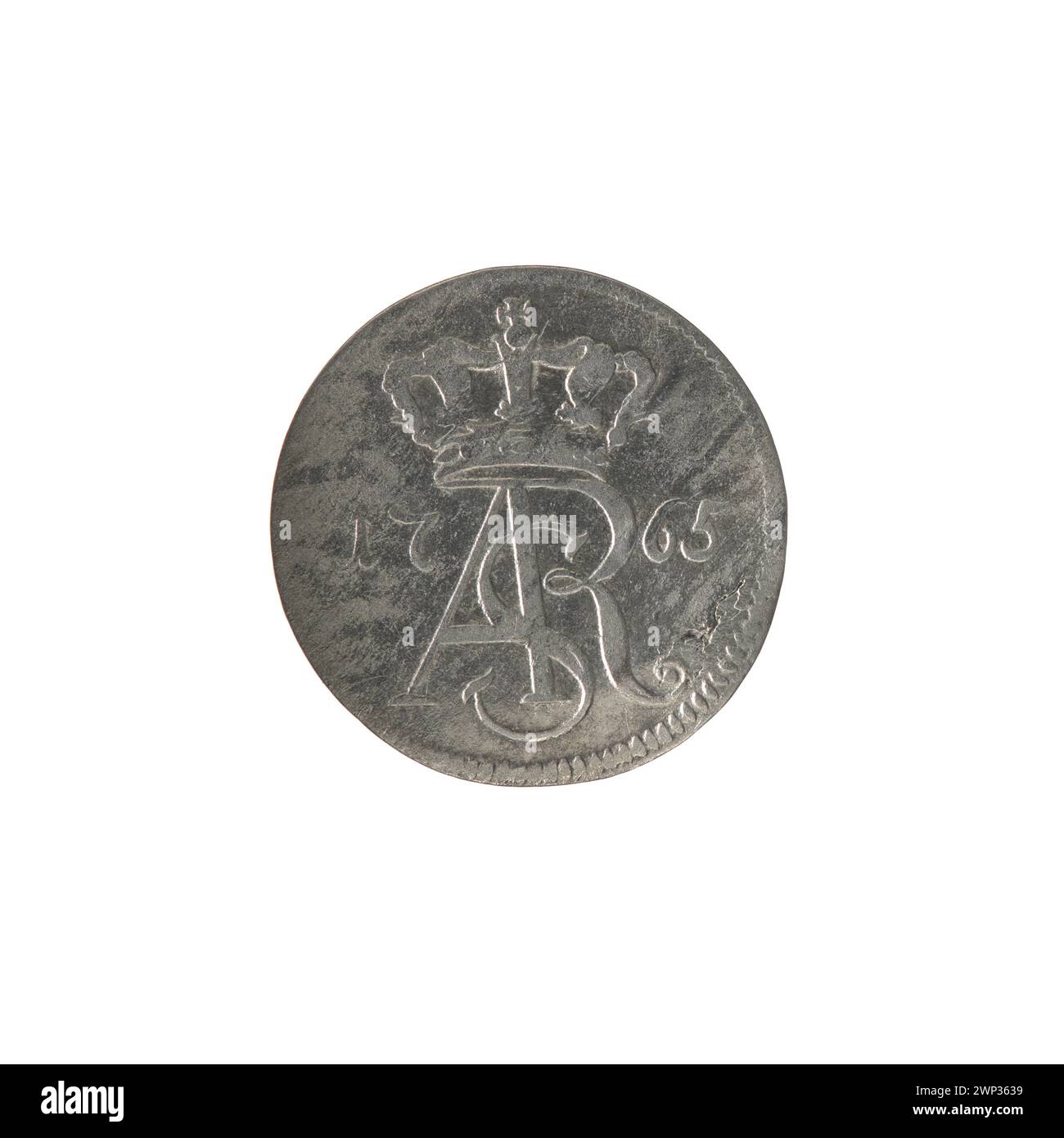 La moneta TRIME DA VIAGGIO del 1765 fu emessa sotto il re polacco Stanisław August Poniatowski, coniata da Szymon Brückmann durante i suoi anni attivi 1764-1768, mostrando simboli e denominazioni reali. Foto Stock
