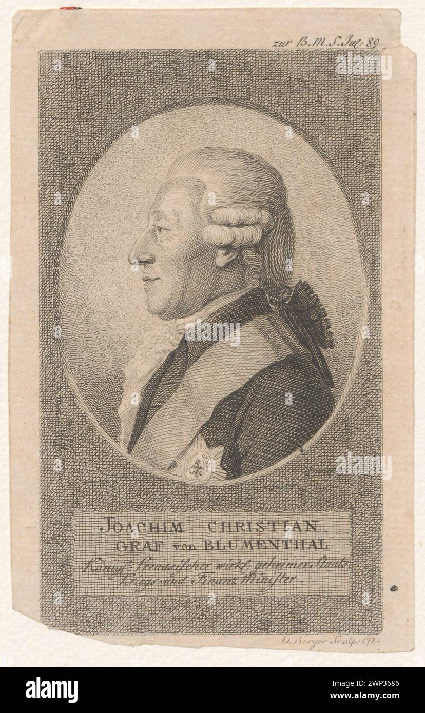 Joachim Christian Graf von Blimenthal; Berger, Daniel (1744-1824); 1789 (1789-00-00-1789-00-00);Blumenthal, Joachim Christian von (1720-1800), Blimenthal, Joachim Christian von (1720-1800)-iconografia, Krystall, Bronisław (1887-1983), Krystall, Bronisław (1887-1983)-Collection, Germania (nazione), Germania (Stato), economia, grafica tedesca, illustrazioni, illustrazioni per stampa, ministri, tedesco (cultura), personalità, politici, busto, uomini Foto Stock