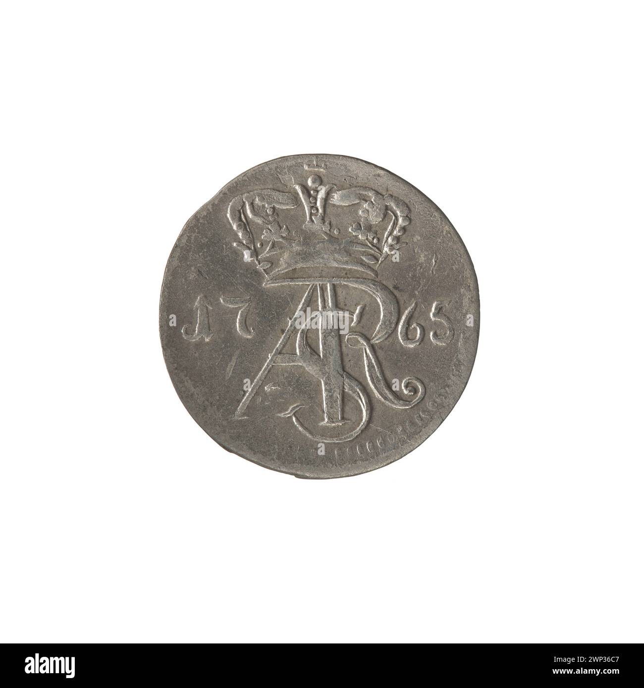 La moneta del 1765 "Trip Trime" dalla Polonia emessa da Szymon Brückmann sotto il regno di Stanisław August Poniatowski, che mostra le caratteristiche standard delle monete del XVIII secolo. Foto Stock