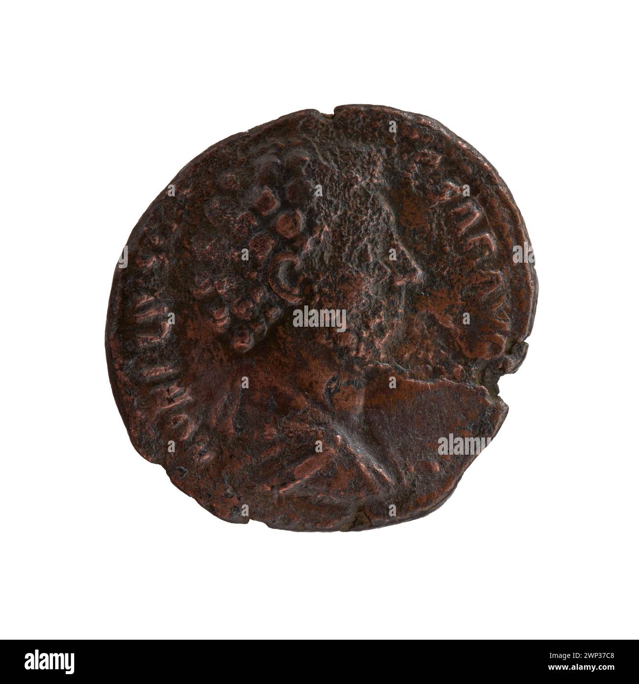 Come moneta coniata sotto gli imperatori romani Antonino Pio e Marco Aurelio tra il 153 e il 154, fatta di bronzo, con ritratti e iscrizioni imperiali, usata come moneta nell'Impero Romano. Foto Stock