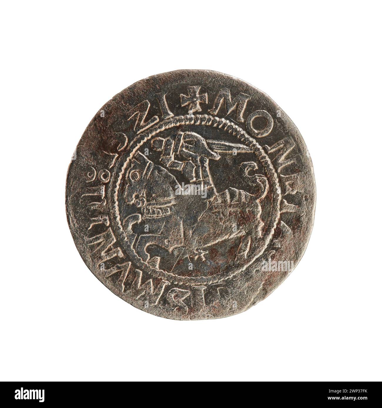 1521 penny lituano coniato sotto il re Zygmunt i Stary, caratterizzato da design in metallo, iconografia reale e caratteristiche delle monete del XVI secolo. Foto Stock