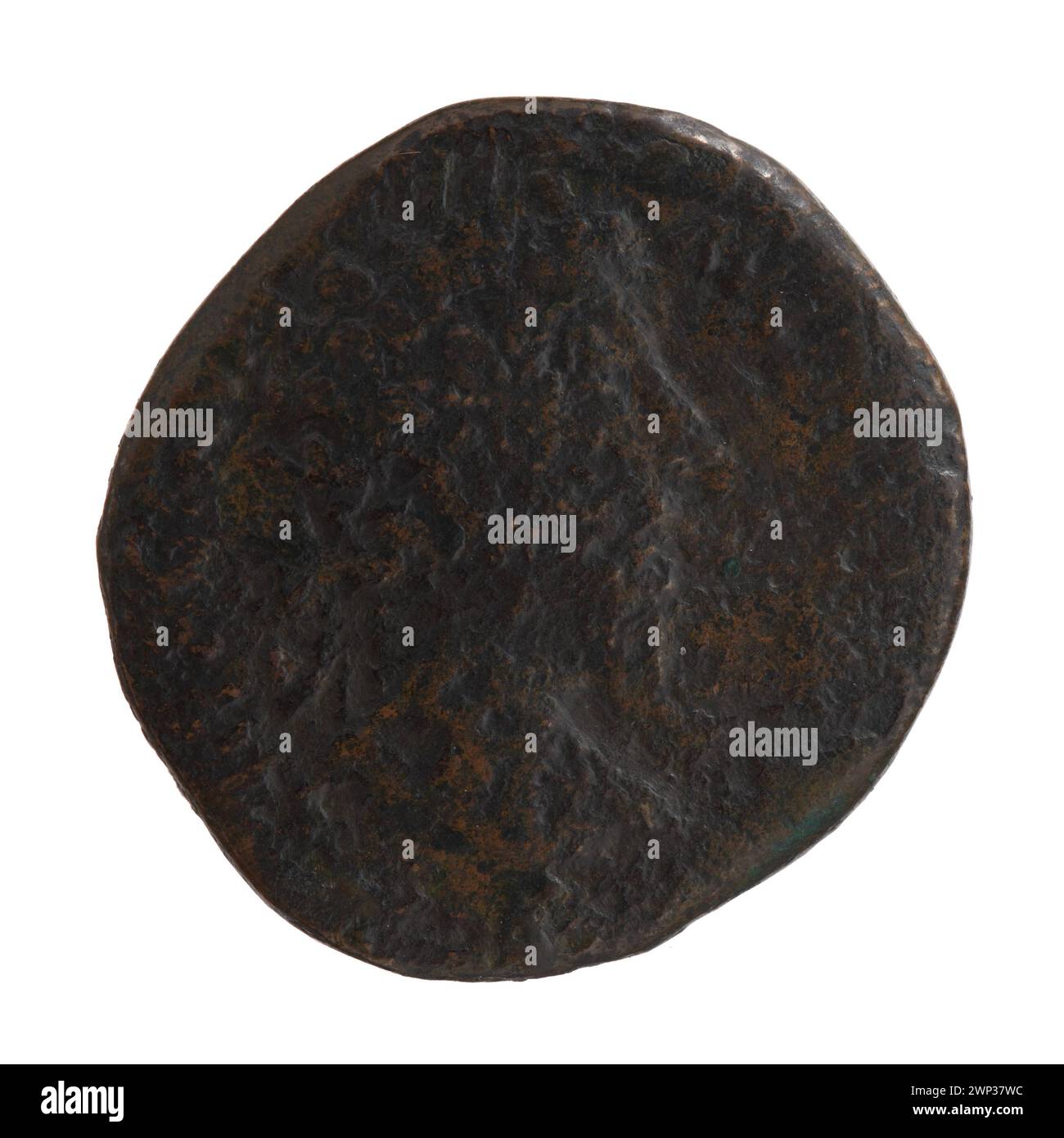 Moneta di bronzo di Sesterce coniata sotto l'imperatore romano Marco Aurelio tra il 168 e il 171, con ritratto imperiale e iscrizioni, usata come valuta nell'Impero Romano. Foto Stock