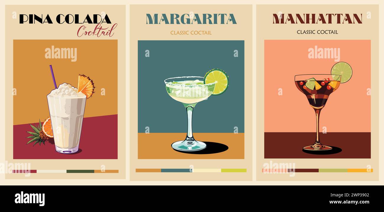 Cocktail poster retrò stampe vettoriali. Illustrazione Vettoriale