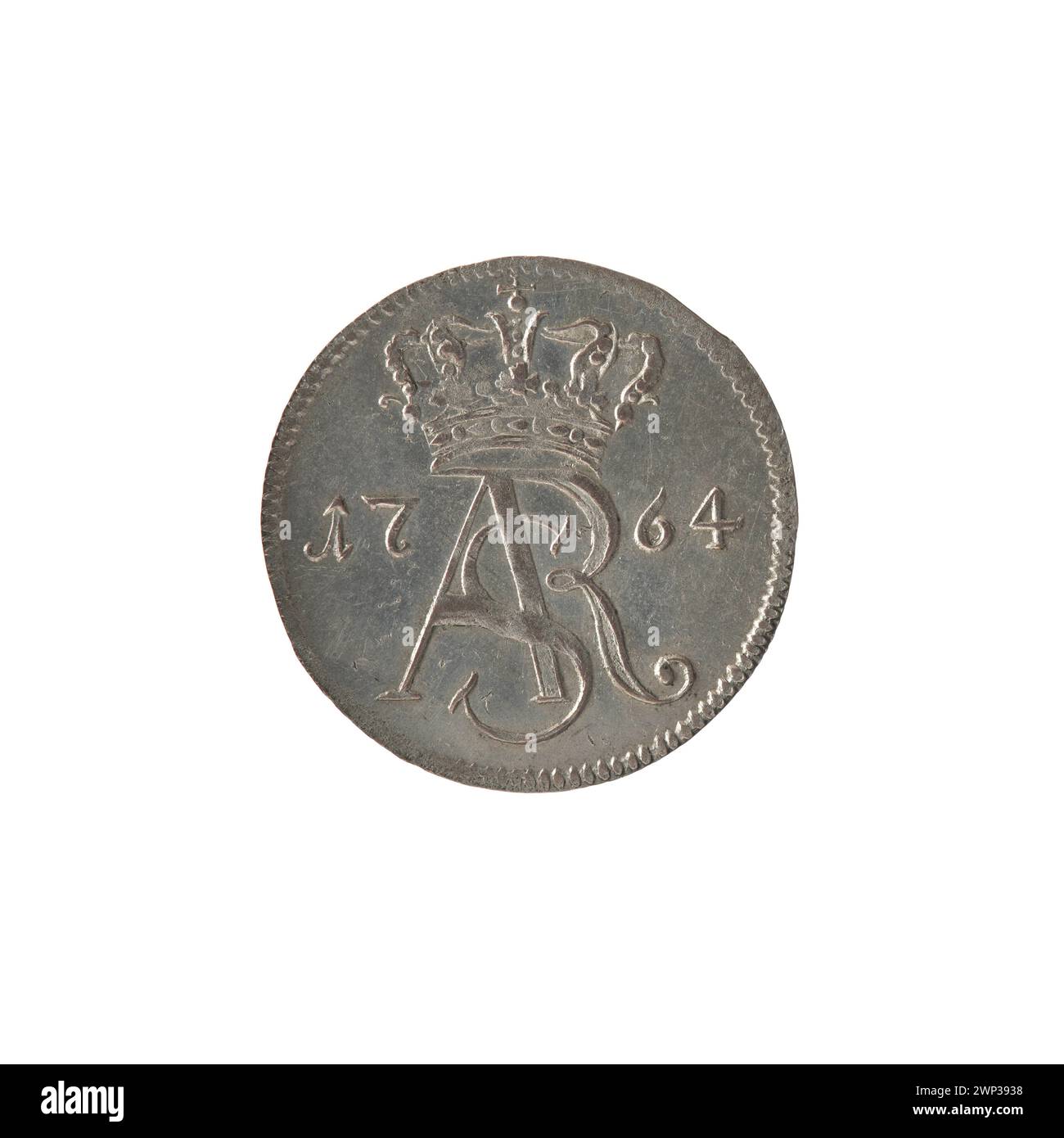 Moneta chiamata Trip Trime emessa nel 1764 durante il regno di re Stanisław August Poniatowski, coniata da Szymon Brückmann, che mostra il disegno tipico e le iscrizioni del periodo. Foto Stock
