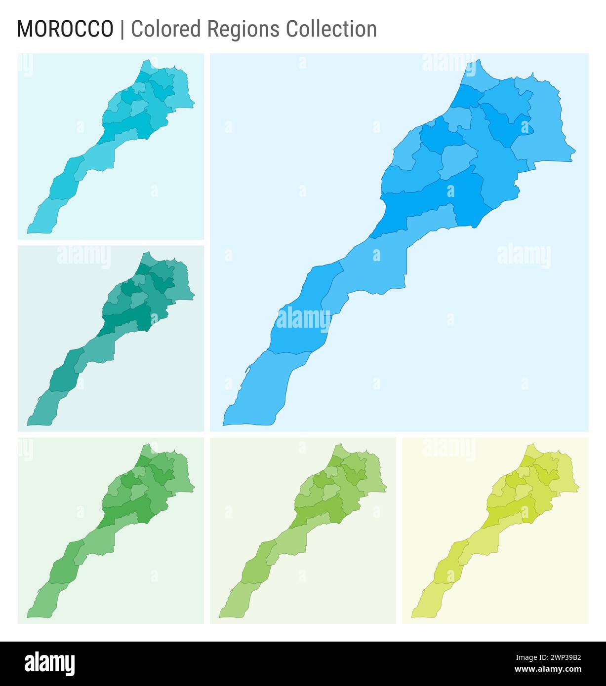 Raccolta di mappe del Marocco. Forma del paese con regioni colorate. Azzurro, ciano, verde, verde chiaro, tavolozze di colori lime. Illustrazione Vettoriale
