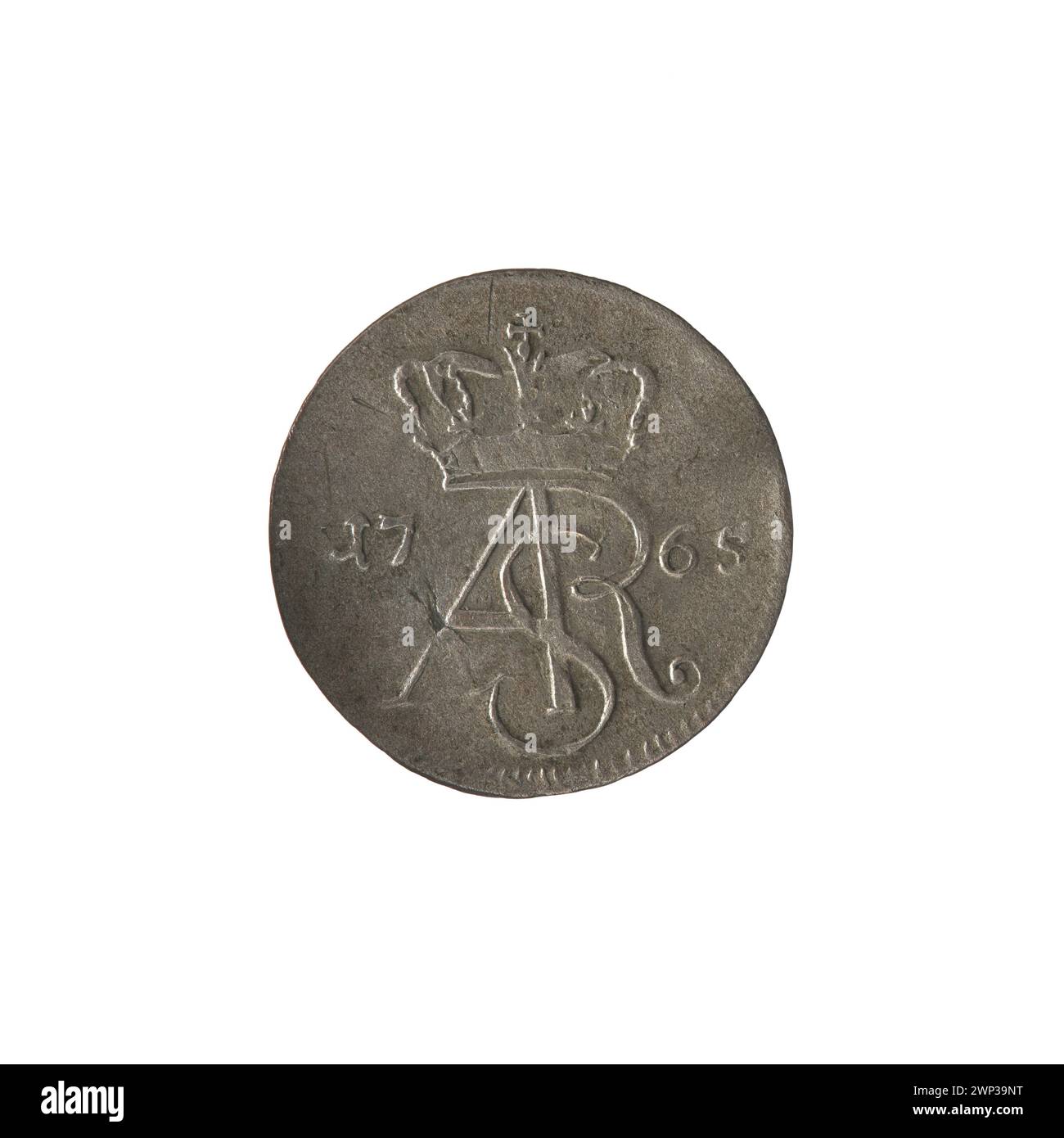 Moneta polacca "Trip Trime" del 1765 coniata da Szymon Brückmann sotto il re Stanisław August Poniatowski, che mostra il tipico disegno e le iscrizioni del XVIII secolo. Foto Stock