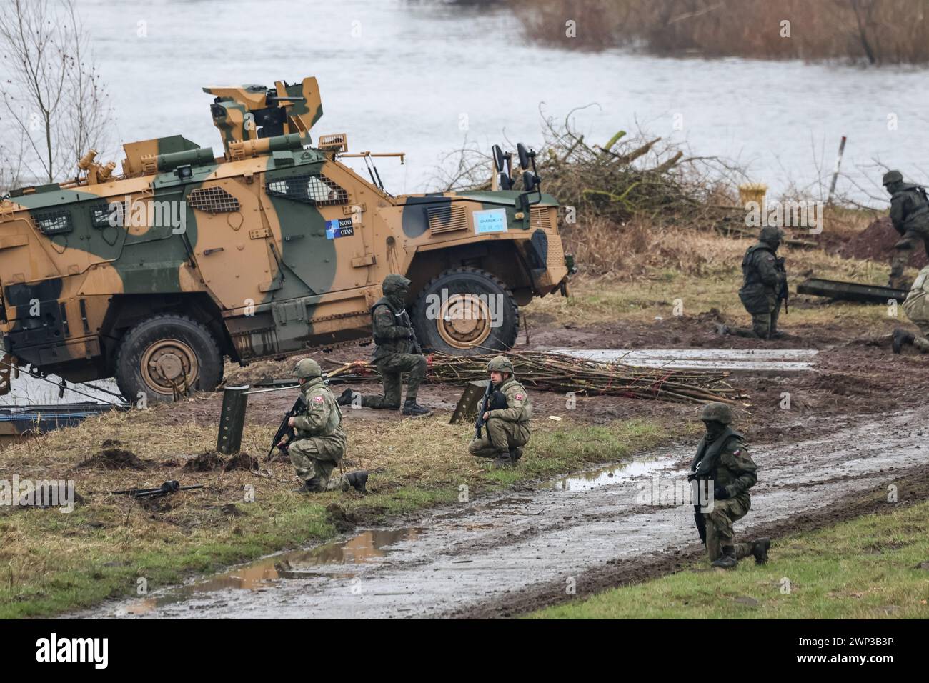 Korzeniewo, Pomorskie, Polonia il 5 marzo 2024. I militari presentano il trasferimento di carri armati e veicoli corazzati attraverso il fiume Vistola durante l'esercitazione Dragon-24 della NATO, una parte dell'esercitazione su larga scala Defender-24. Le esercitazioni, che si svolgono principalmente in Europa centrale, coinvolgono circa 90.000 soldati provenienti da tutti i paesi della NATO e dalla Svezia. Lo scopo del Defender-24 è quello di scoraggiare e presentare abilità difensive di fronte all'aggressione. Crediti: Dominika Zarzycka/Alamy Live News Foto Stock