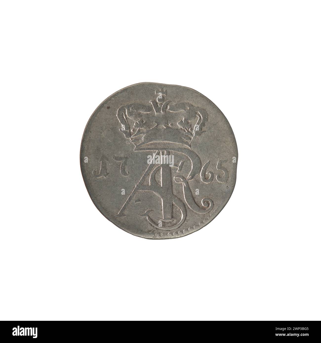 Una moneta "Trip Trime" del 1765 emessa durante il regno di re Stanisław August Poniatowski, creata da Szymon Brückmann, che riflette il disegno numismatico polacco del XVIII secolo. Foto Stock