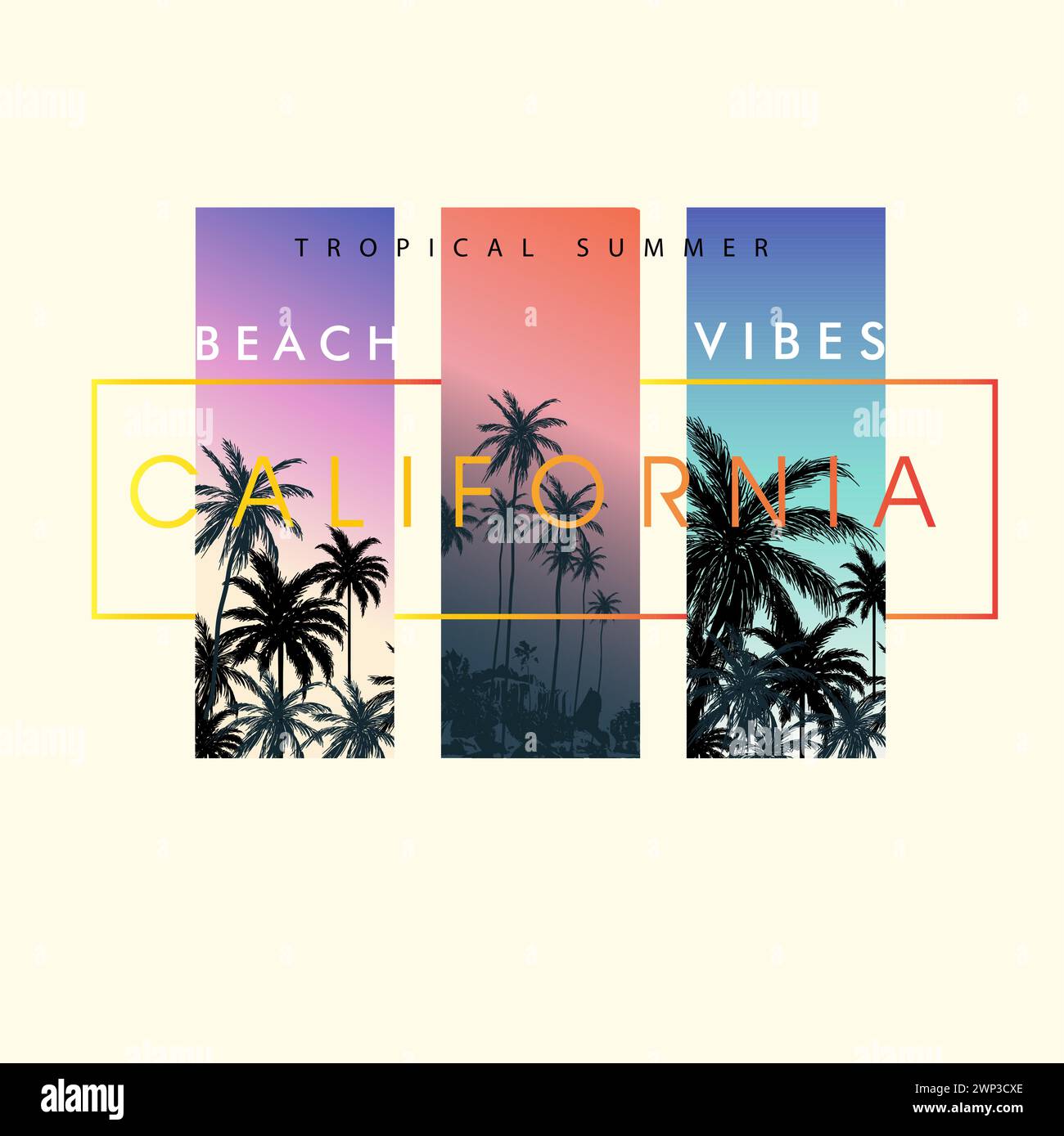 Vibrazioni estive della spiaggia californiana sfumatura tipografica illustrazione vettoriale di palme tropicali per la stampa di t shirt grafica vettoriale Illustrazione Vettoriale