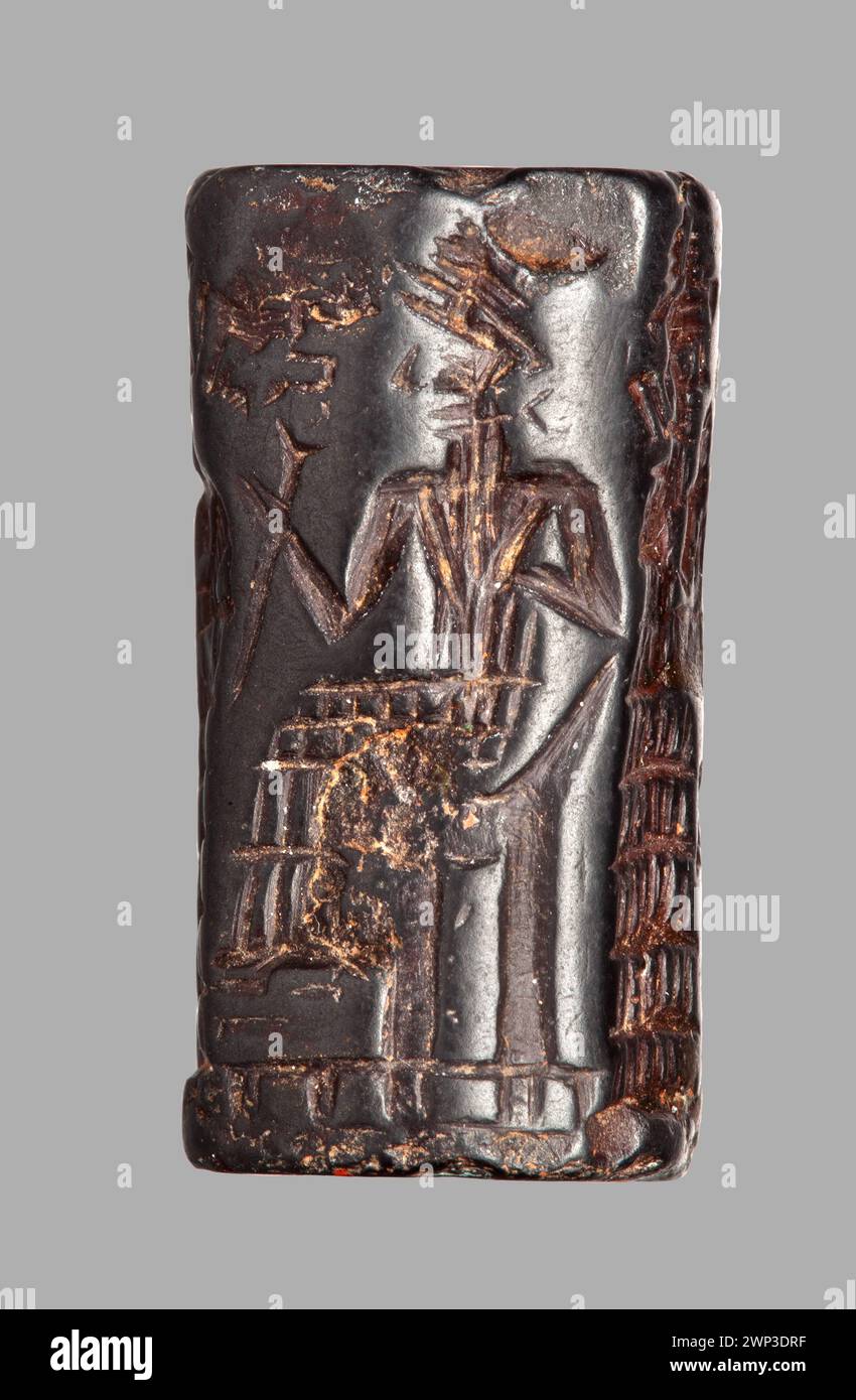 Sigillo cilindrico del periodo antico babilonese (ca. 1900–1701 a.C.) raffigurante due scene di presentazione con divinità Ishtar e Shamash, e figure con tiaras e tartarughe ornate. Parte delle collezioni Czartoryska e Działyńska. Foto Stock
