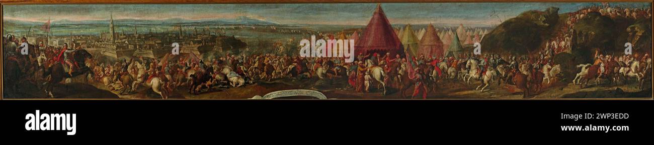 Un dipinto polacco della fine del XVII secolo raffigurante la Battaglia di Vienna (1683), tra cui il re Jan III Sobieski, le forze turche, i campi militari, gli striscioni e le viste panoramiche della battaglia, conservato in collezioni. Foto Stock