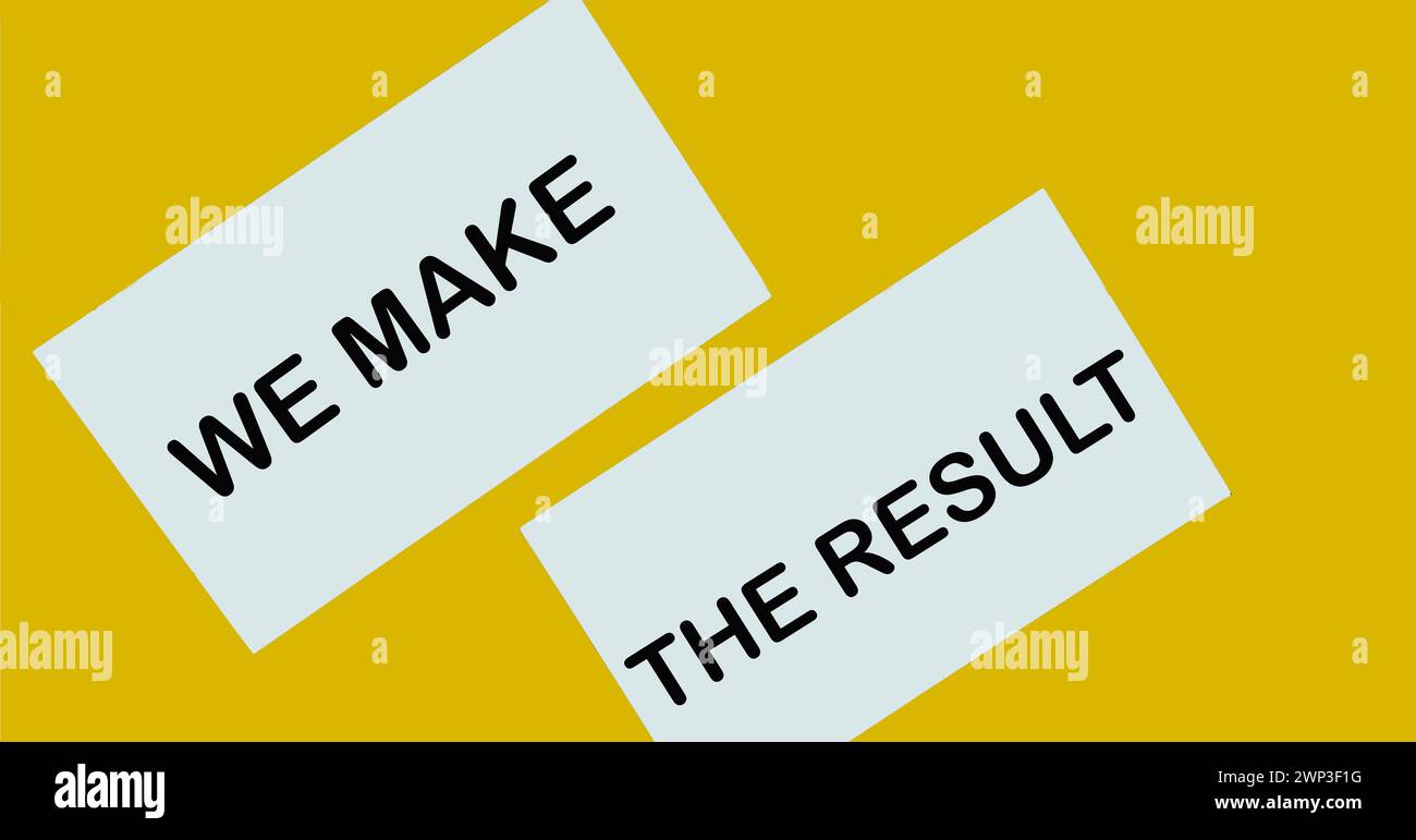 Sfondo giallo e adesivi con il testo otteniamo un risultato, che simboleggia il successo e il successo. Ideale per concetti aziendali o formativi, e Foto Stock