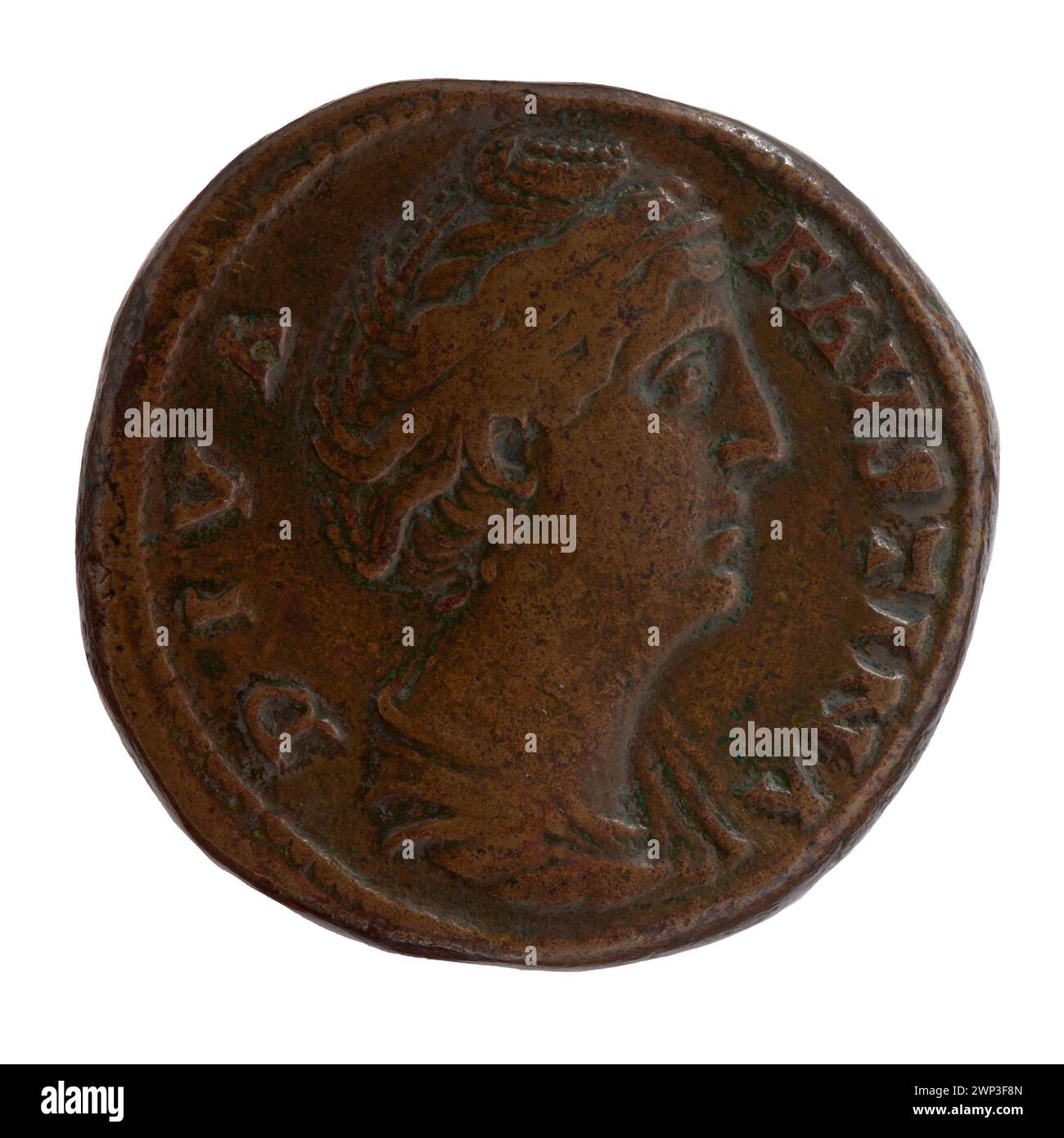 Sesterce di bronzo emessa dopo il 141 sotto l'imperatore Antonino Pio e l'imperatrice Faustina la vecchia, con ritratti imperiali, iscrizioni e caratteristiche monetarie romane del II secolo. Foto Stock