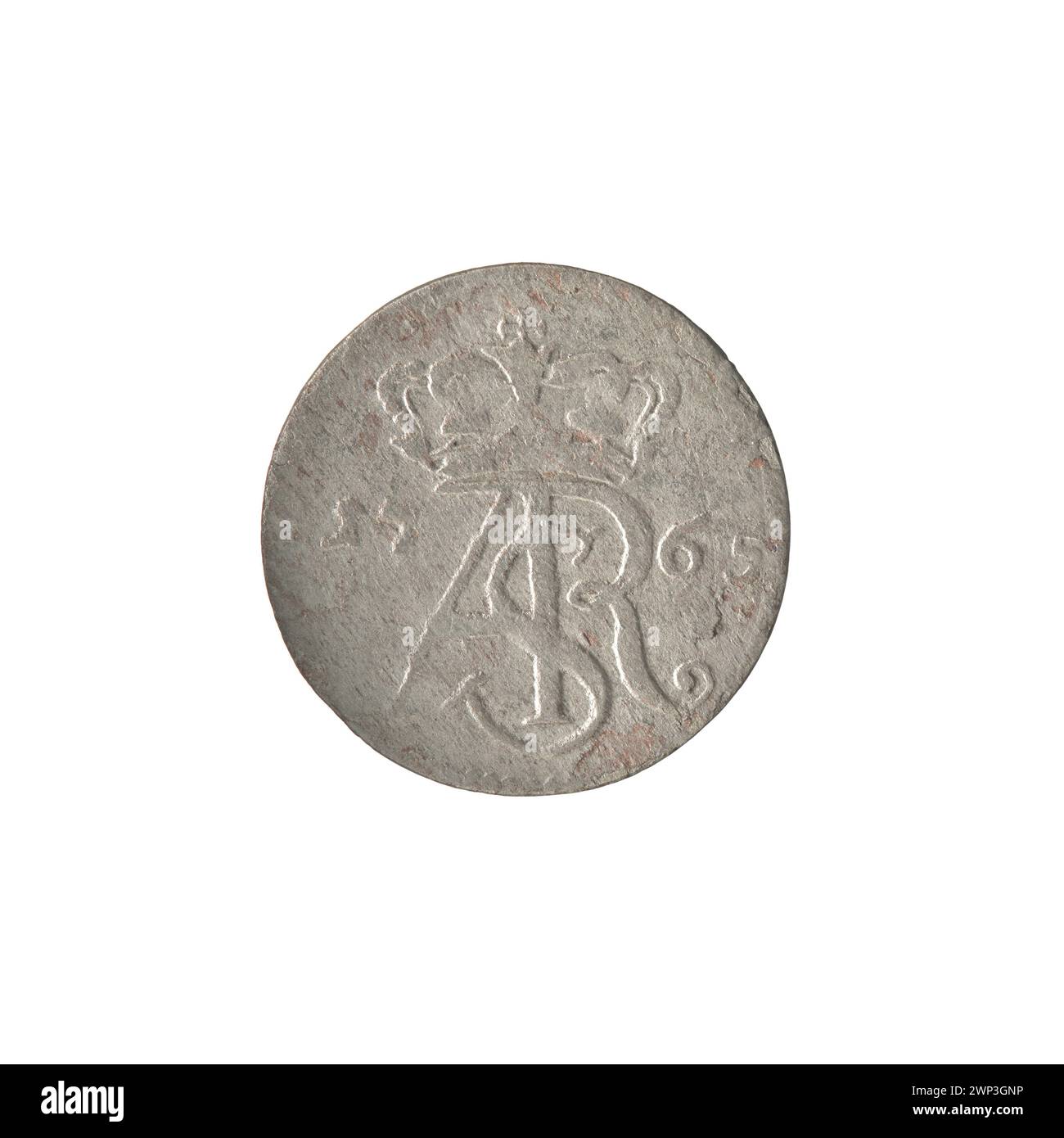 Una moneta del 1765 "Trip Trime" emessa in Polonia sotto il re Stanisław August Poniatowski, coniata da Szymon Brückmann, con iscrizioni e immagini tipiche del periodo. Foto Stock