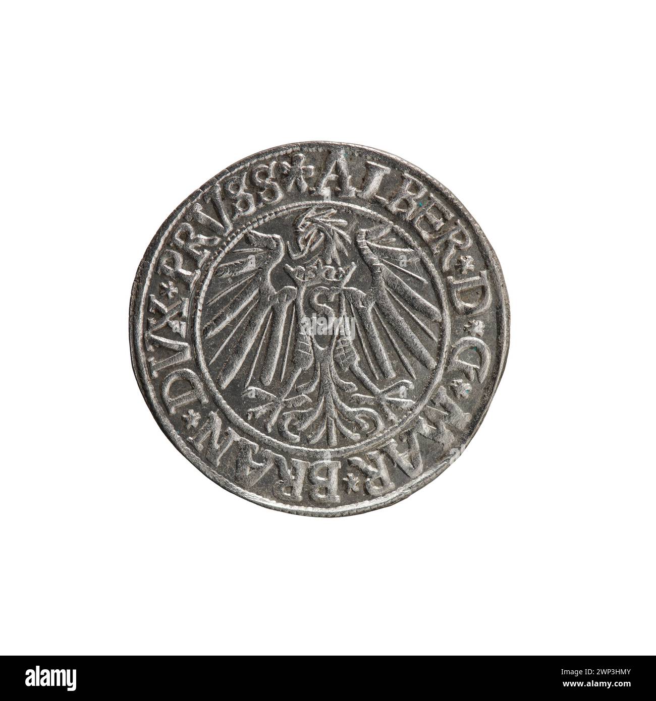 Penny d'argento del 1540 emesso da Jost Ludwik Decjusz e Eustachius Vogelwaider, che mostra le caratteristiche delle monete europee della metà del XVI secolo. Foto Stock