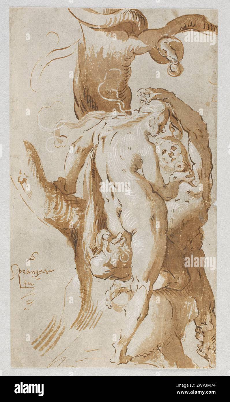Disegno di Adamo ed Eva che rappresenta il peccato originale, creato da Bartholomeus Spranger tra il 1590 e il 1611. Una scena biblica fiamminga con raffigurazioni del diavolo, precedentemente nella collezione di Jan Gottlib Bloch e la società per l'incoraggiamento delle Belle Arti di Varsavia. Foto Stock